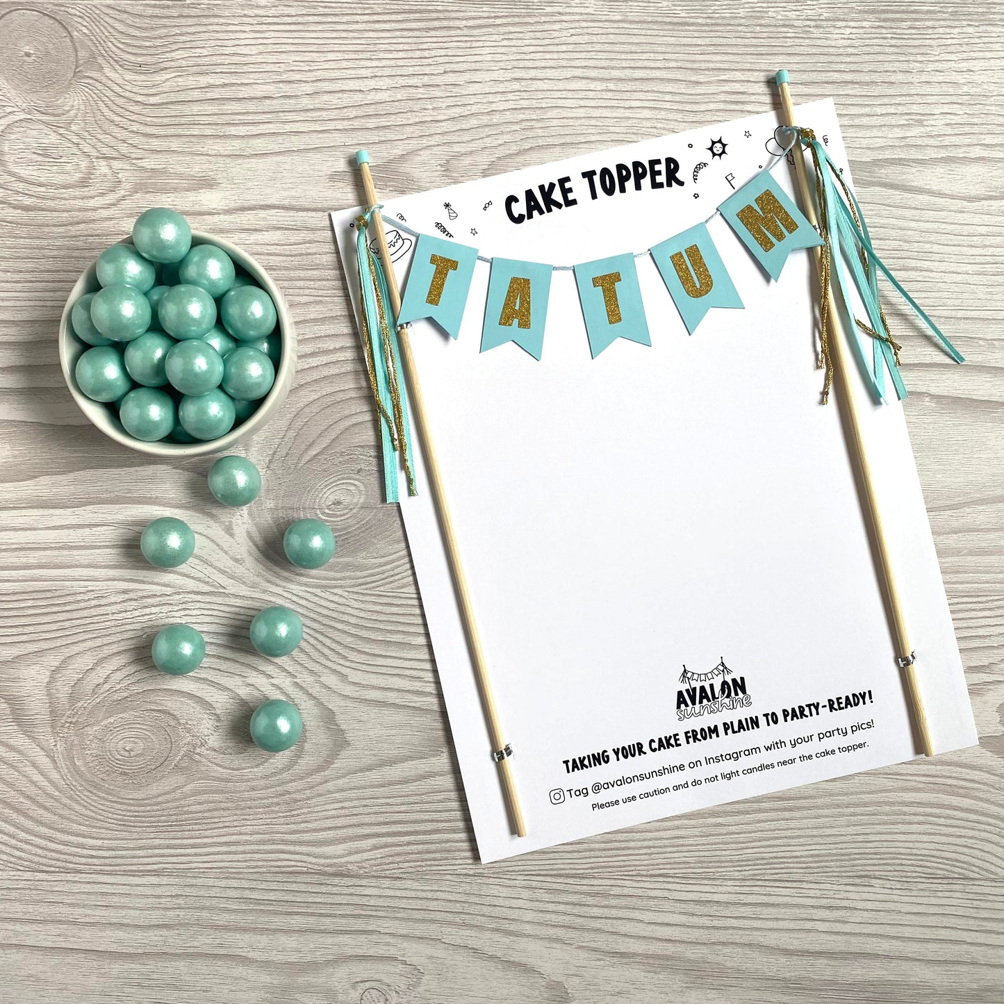 aqua and gold personalized name cake topper | cake toppers by Avalon Sunshine