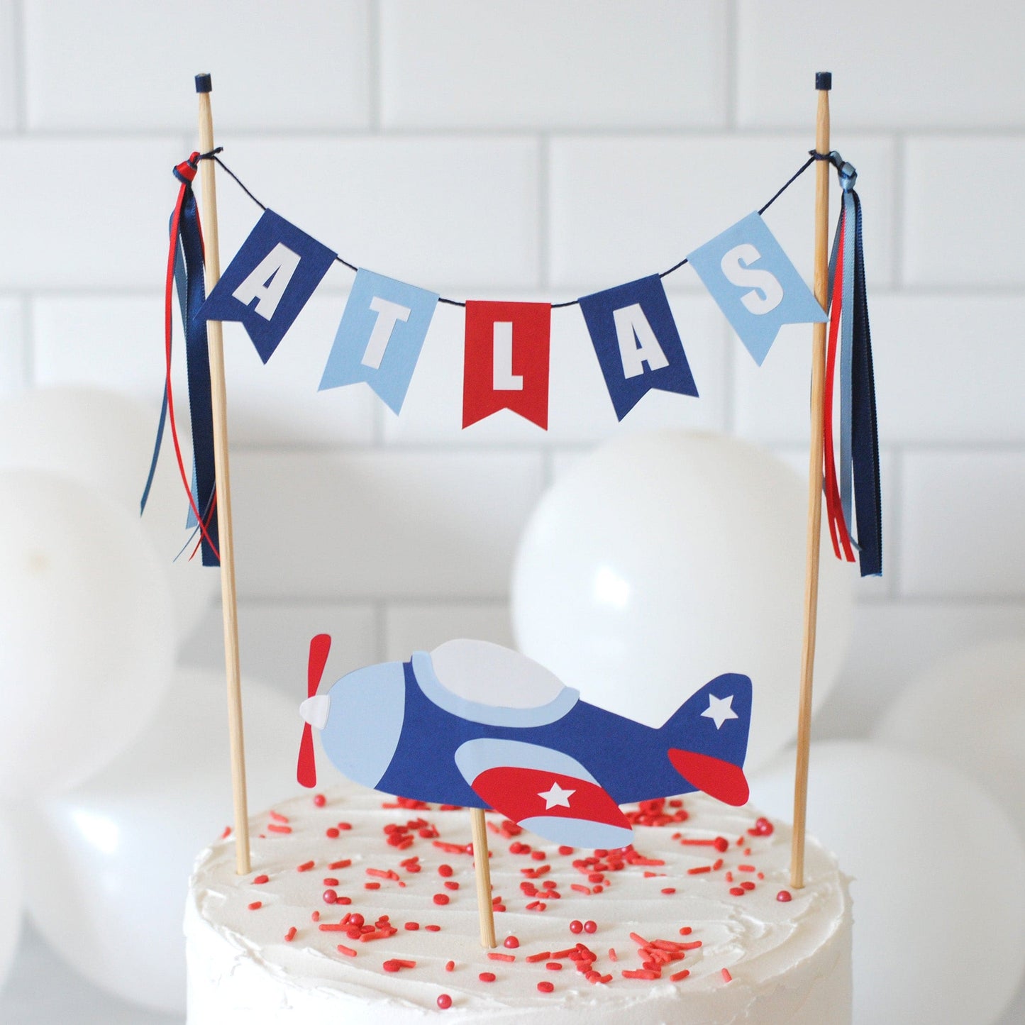 airplane theme birthday cake topper with plane and personalized name banner | cake topper by Avalon Sunshine