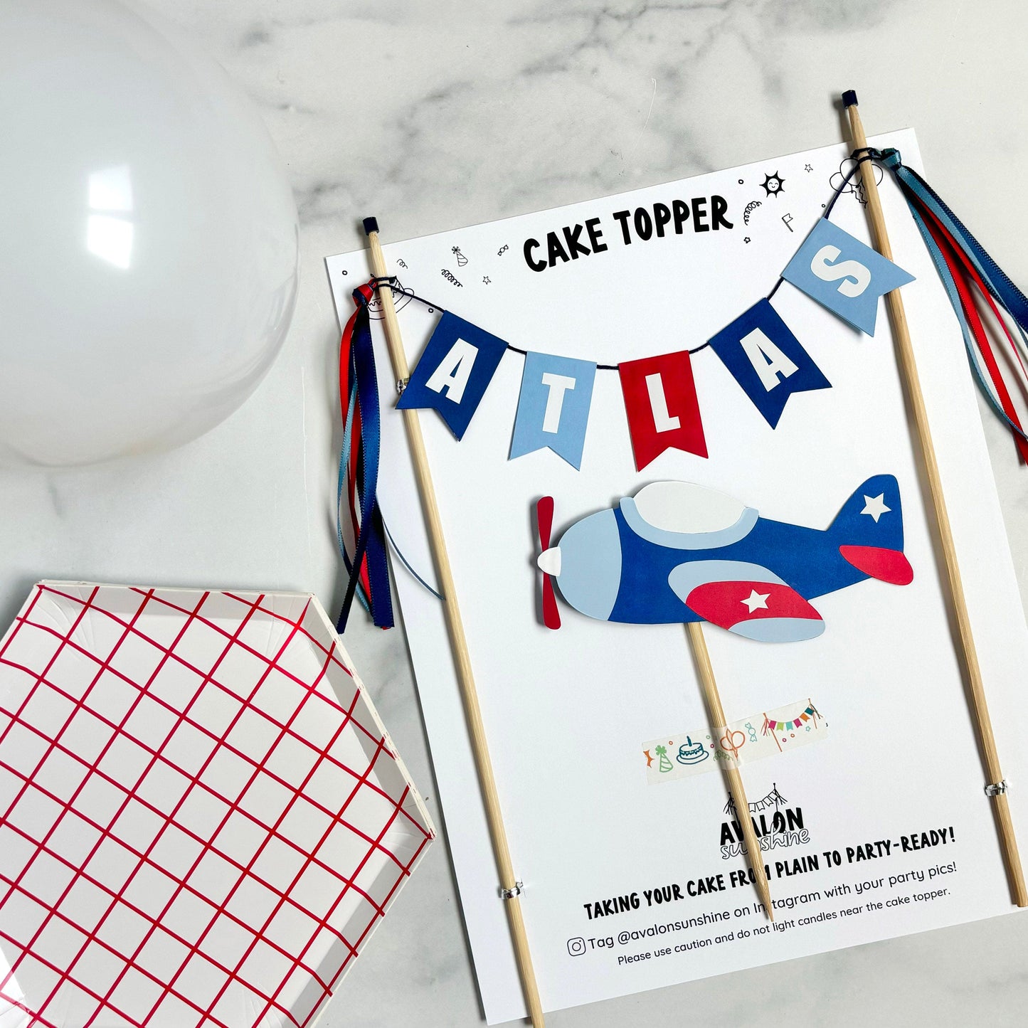 airplane theme birthday cake topper with plane and personalized name banner | cake topper by Avalon Sunshine