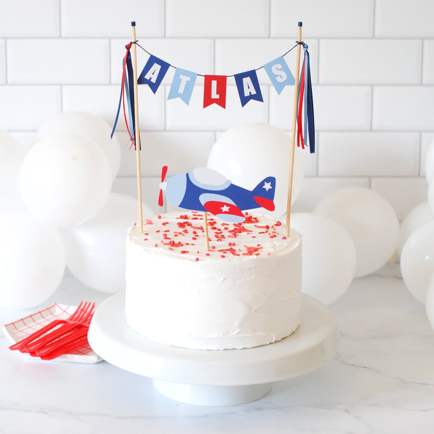 airplane theme birthday cake topper with plane and personalized name banner | cake topper by Avalon Sunshine