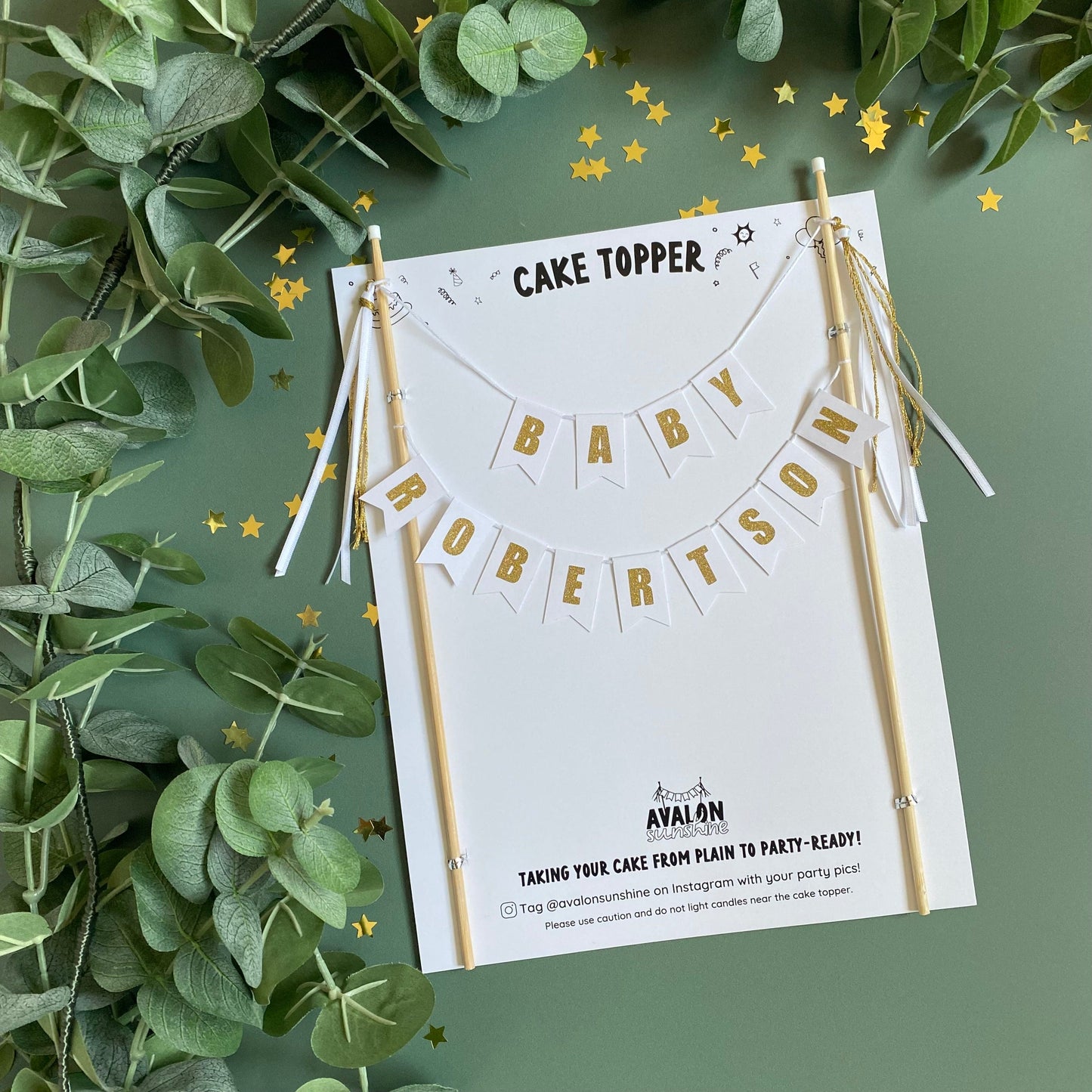 White and gold baby shower cake topper personalized with baby name | cake toppers by Avalon Sunshine