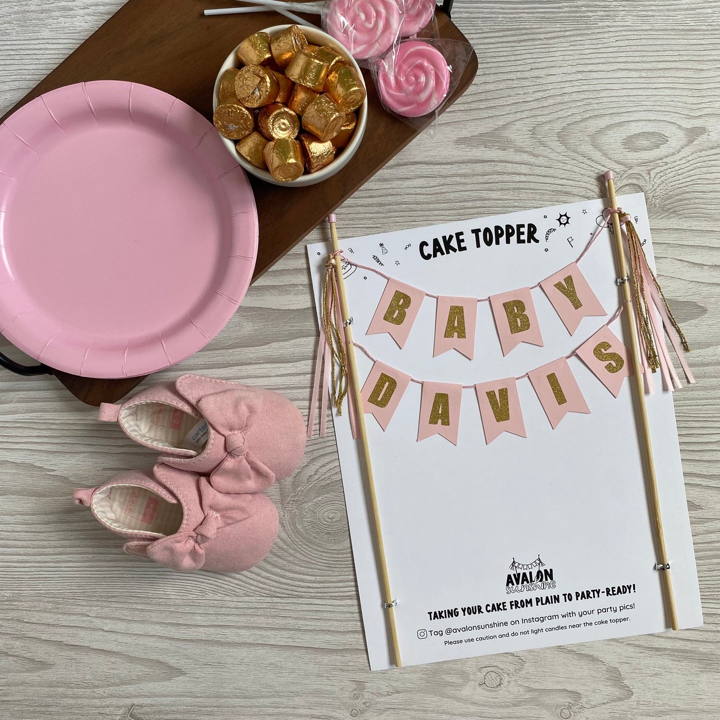 pink and gold baby shower cake topper personalized with baby name | personalized cake toppers by Avalon Sunshine