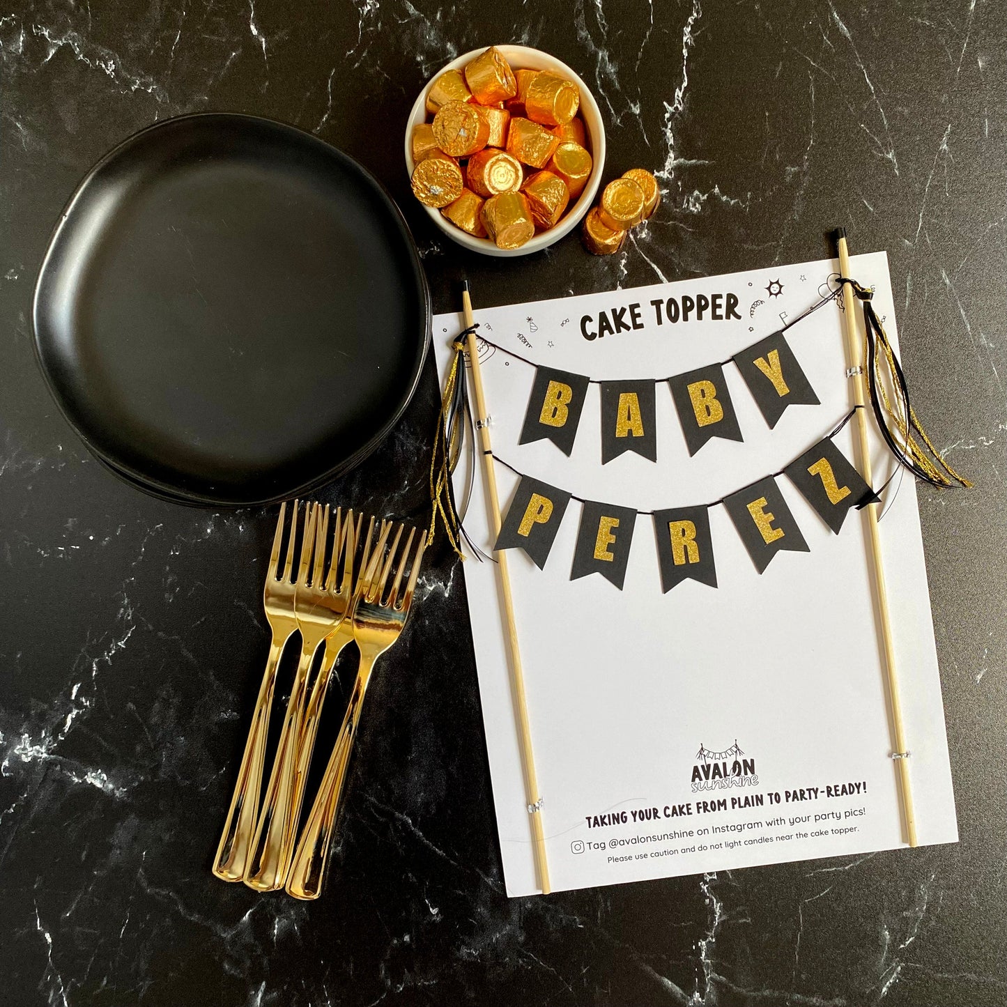 black and gold baby shower cake topper with baby name | personalized cake toppers by Avalon Sunshine