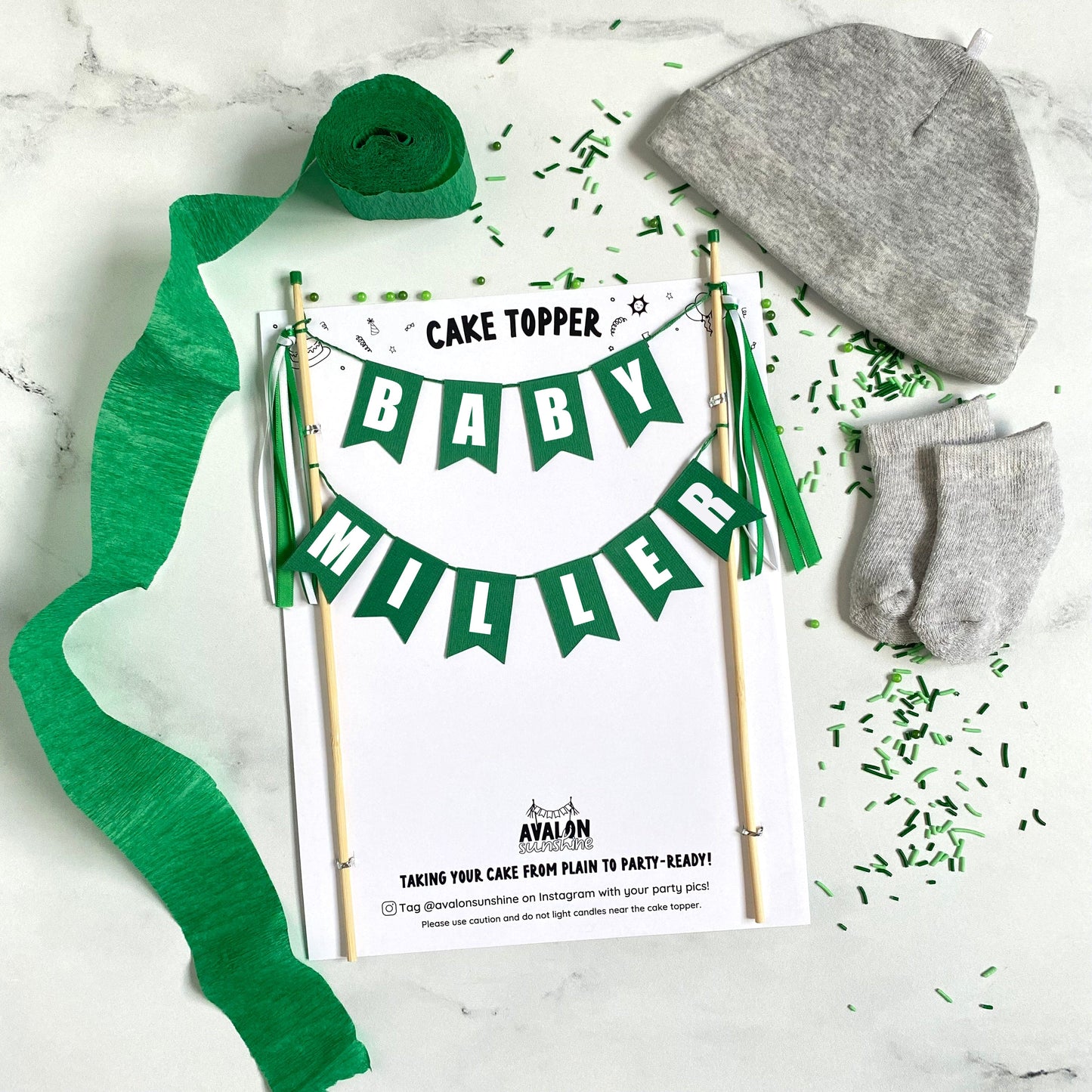 Green baby shower cake topper personalized with baby name | personalized cake toppers by Avalon Sunshine
