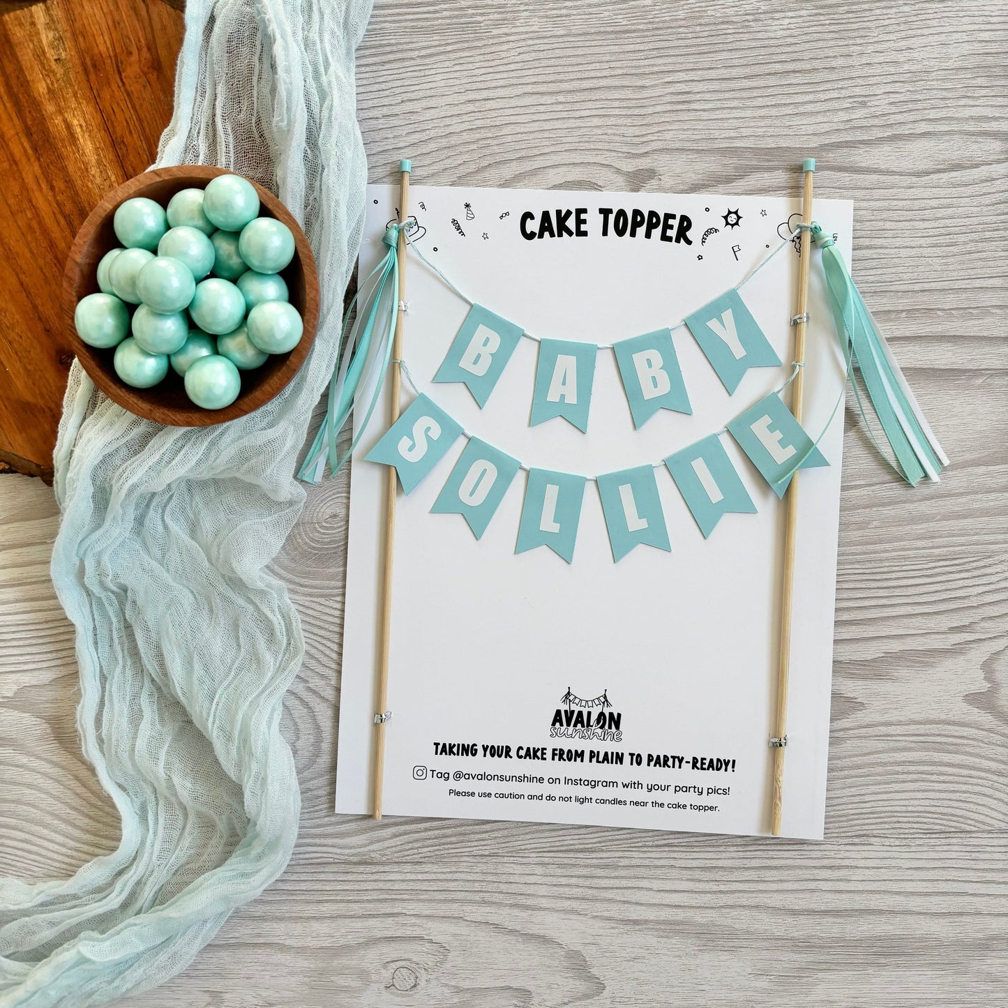 personalized baby shower cake topper - light aqua and white colors