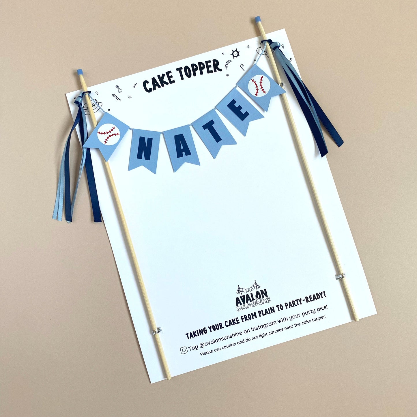 Light blue baseball theme birthday cake topper with name | personalized cake toppers by Avalon Sunshine