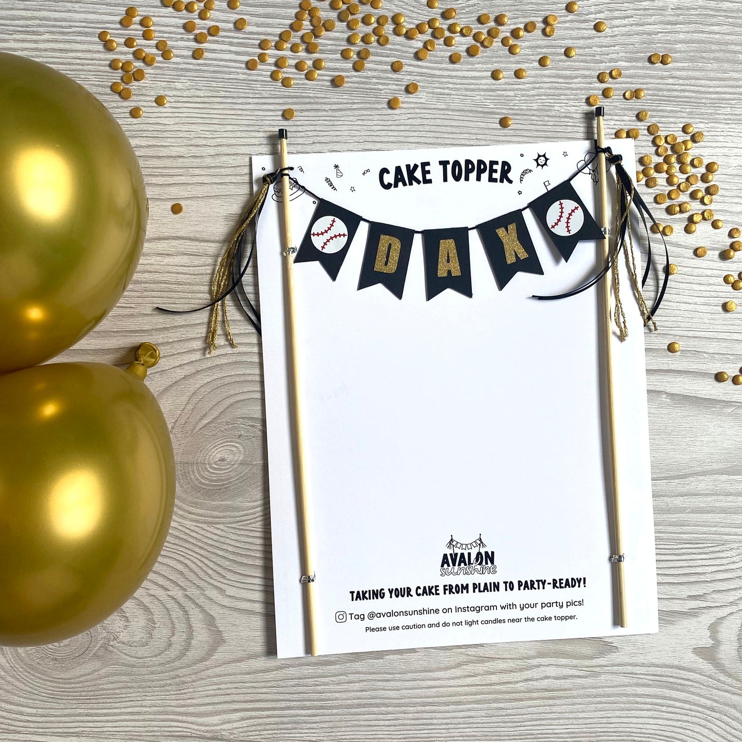 black and gold baseball theme birthday cake topper with name | personalized cake toppers by Avalon Sunshine