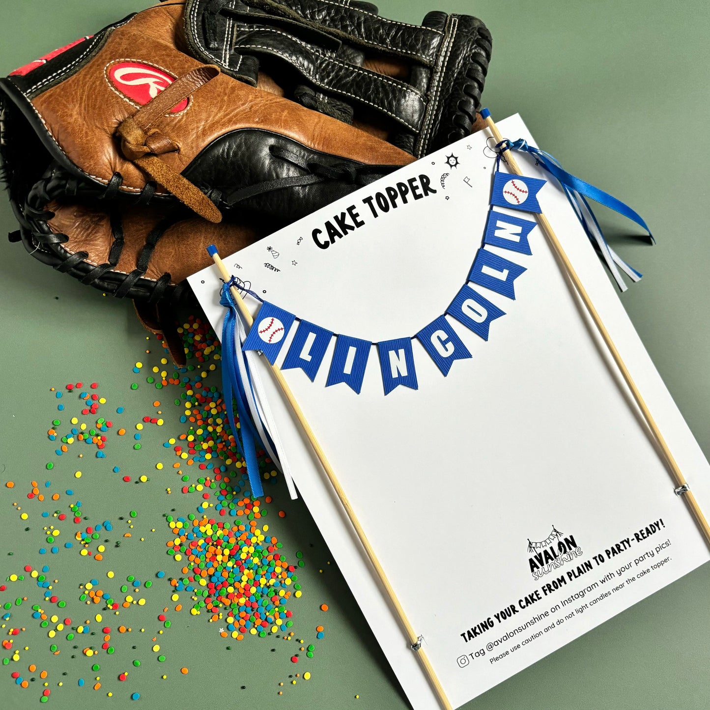 blue baseball themed birthday cake topper with kids name for baseball theme birthday party | personalized cake toppers by Avalon Sunshine