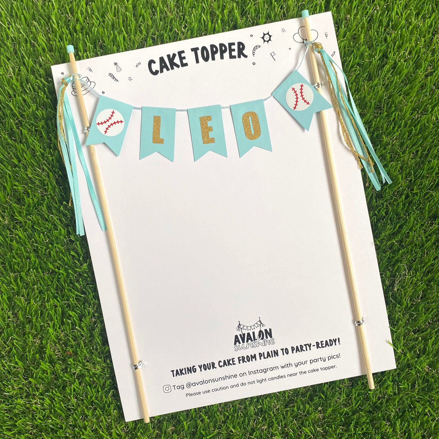 Baseball Cake topper personalized with name in light aqua and gold | cake toppers by Avalon Sunshine