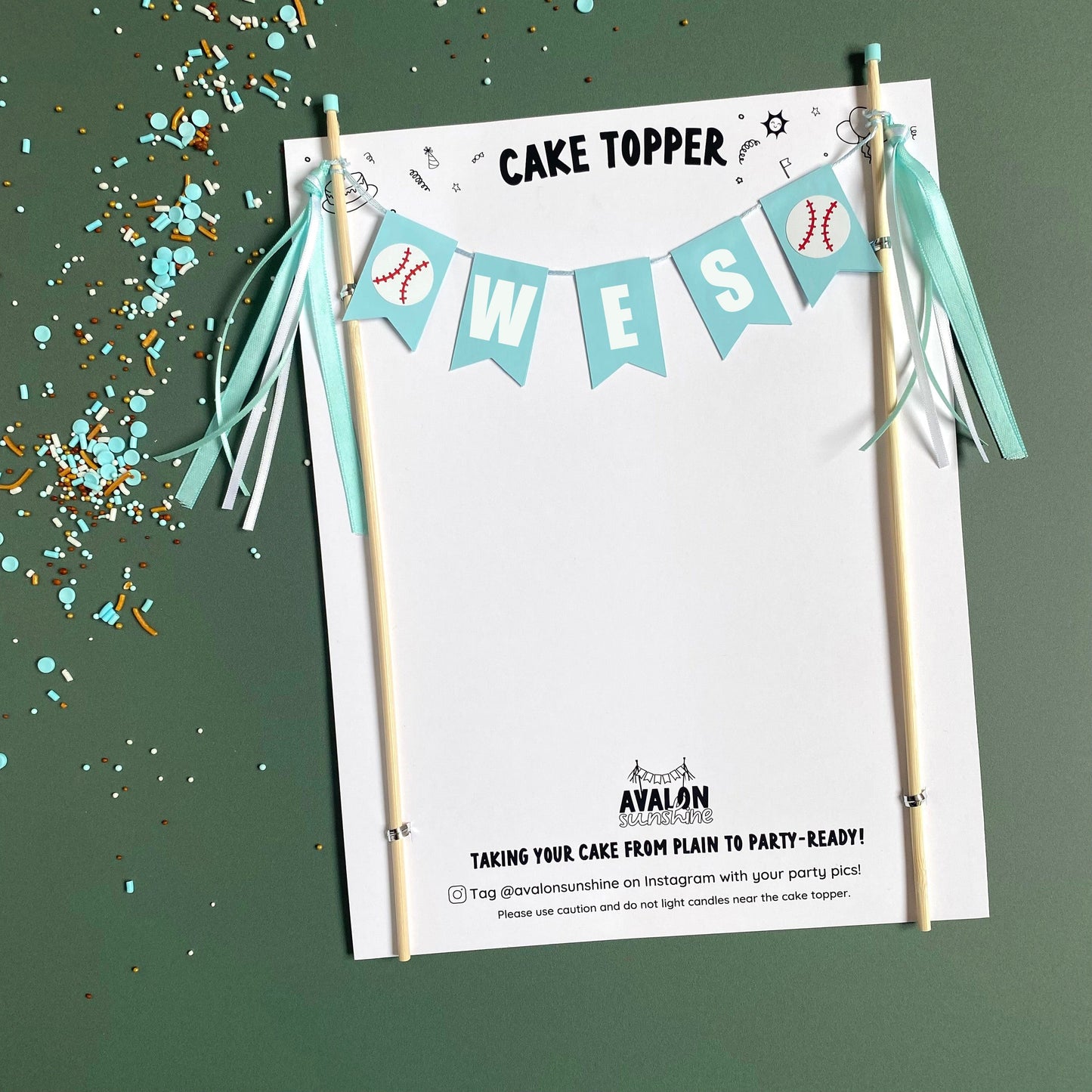 Baseball Birthday cake topper personalized with name in light aqua and white | name cake toppers by Avalon Sunshine