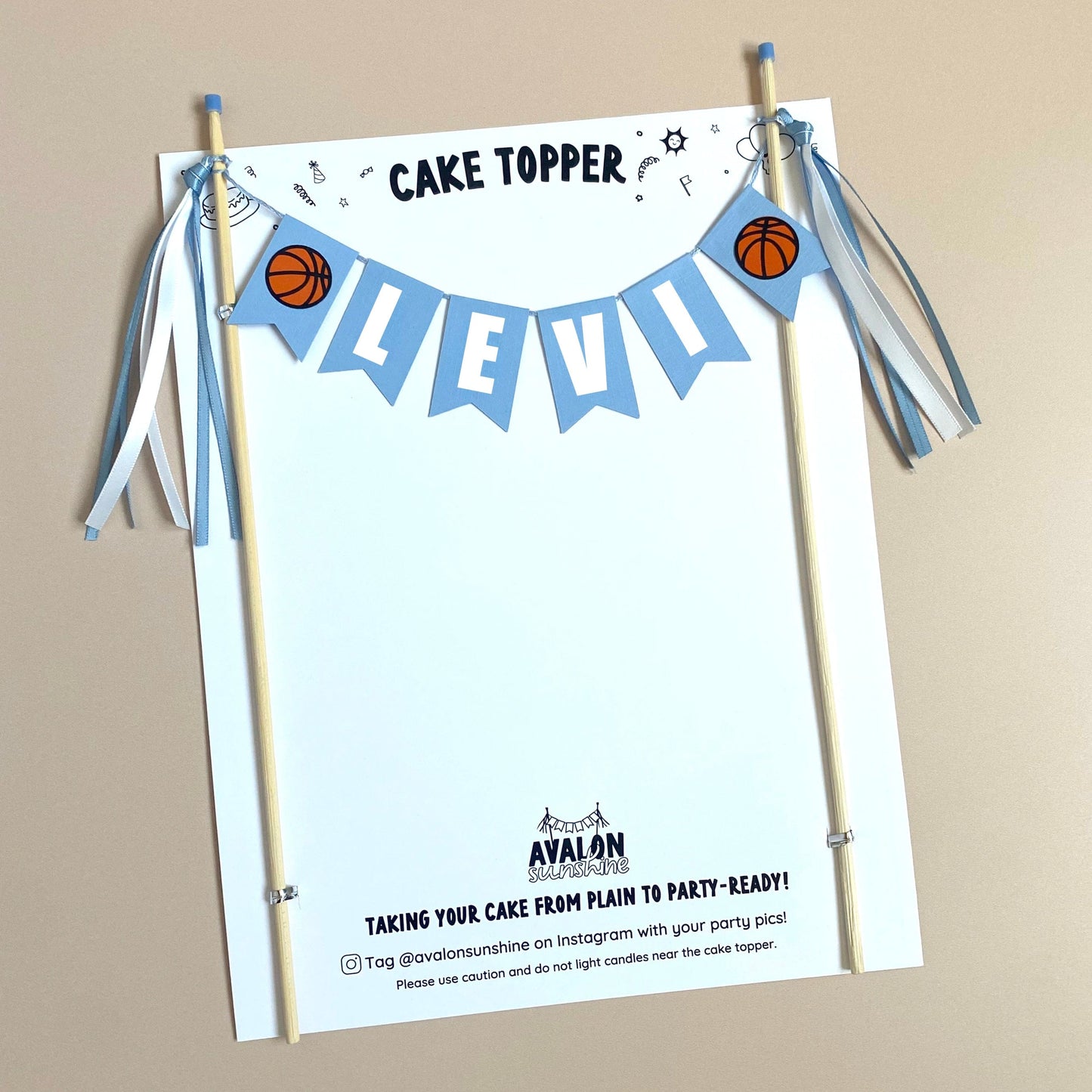 Light blue basketball theme birthday cake topper with name | personalized cake toppers by Avalon Sunshine