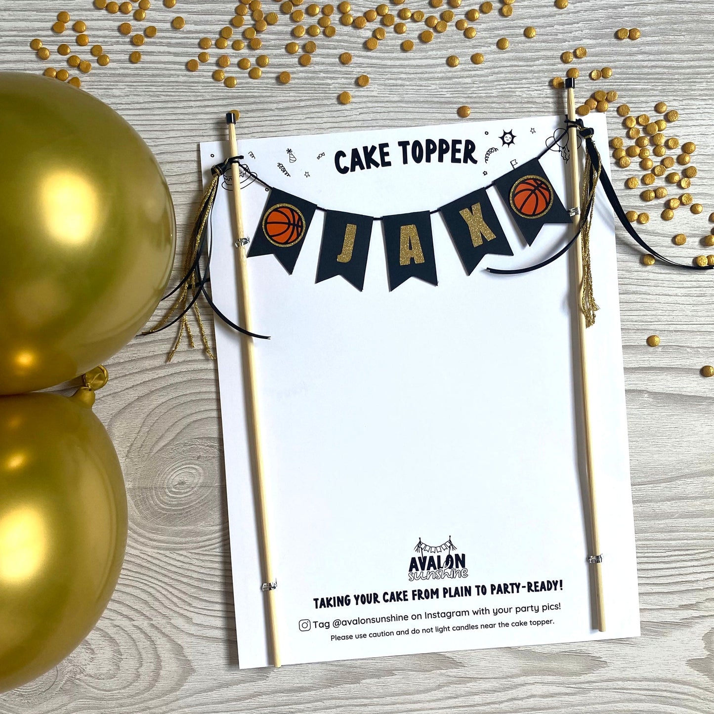 black and gold basketball theme birthday cake topper with name | personalized cake toppers by Avalon Sunshine