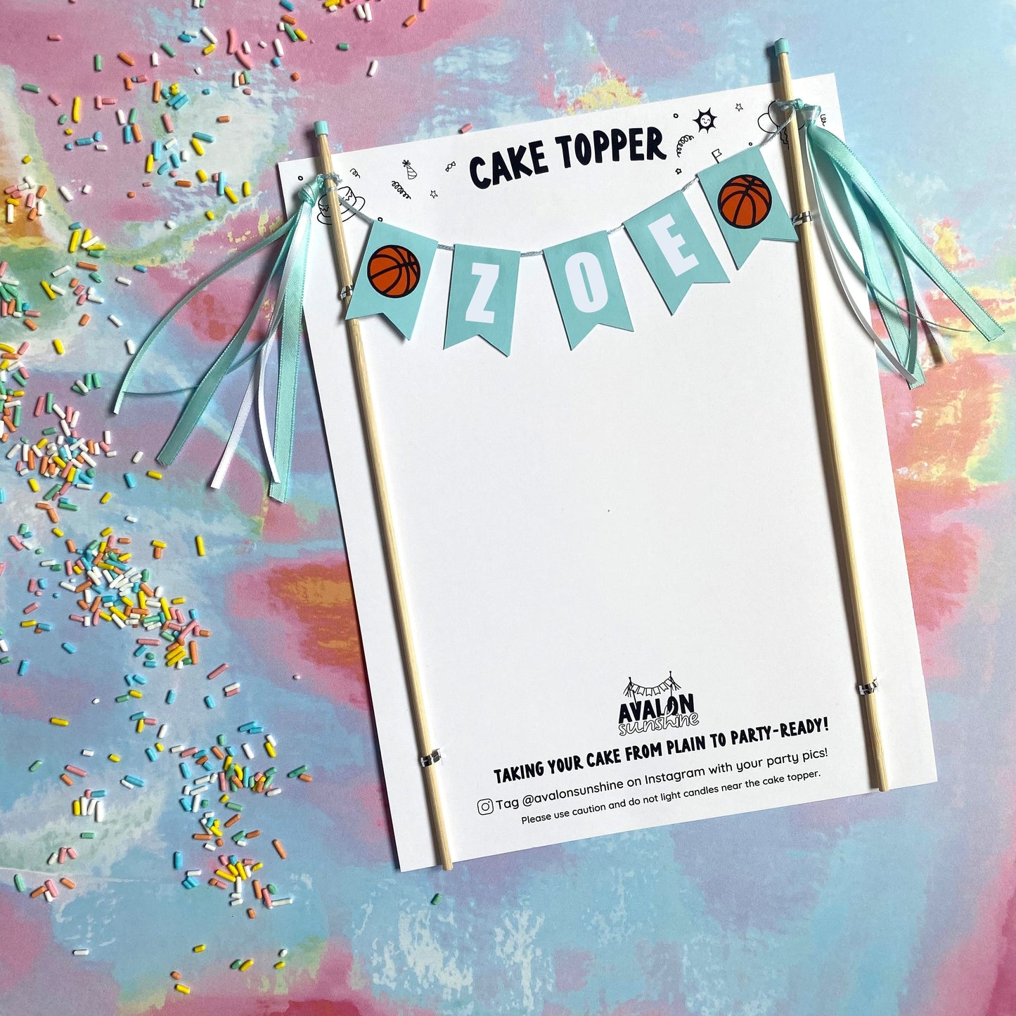 light aqua and white personalized basketball cake topper | cake toppers by Avalon Sunshine