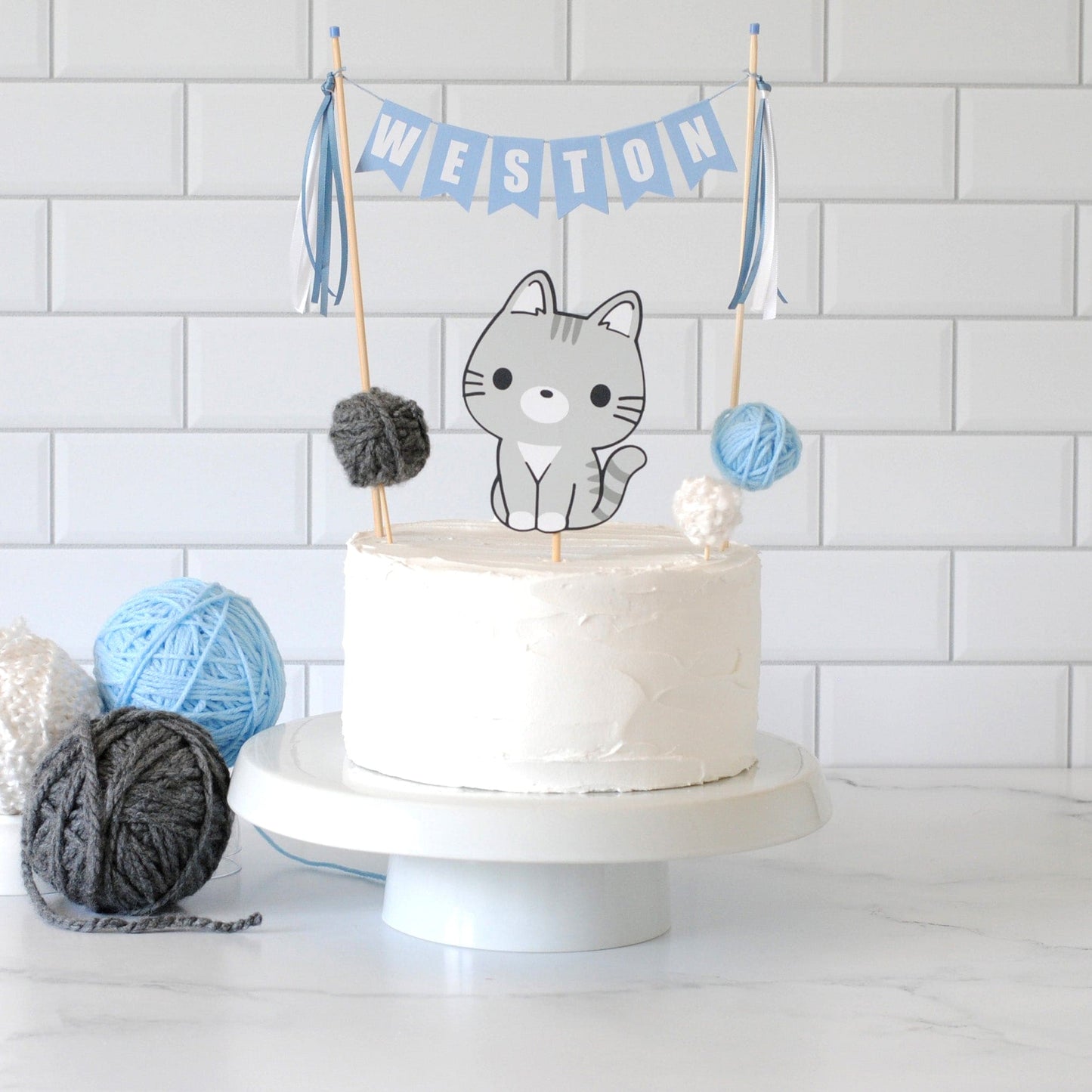 Cat birthday cake topper with name banner and yarn balls for kids birthday | personalized cake toppers by Avalon Sunshine