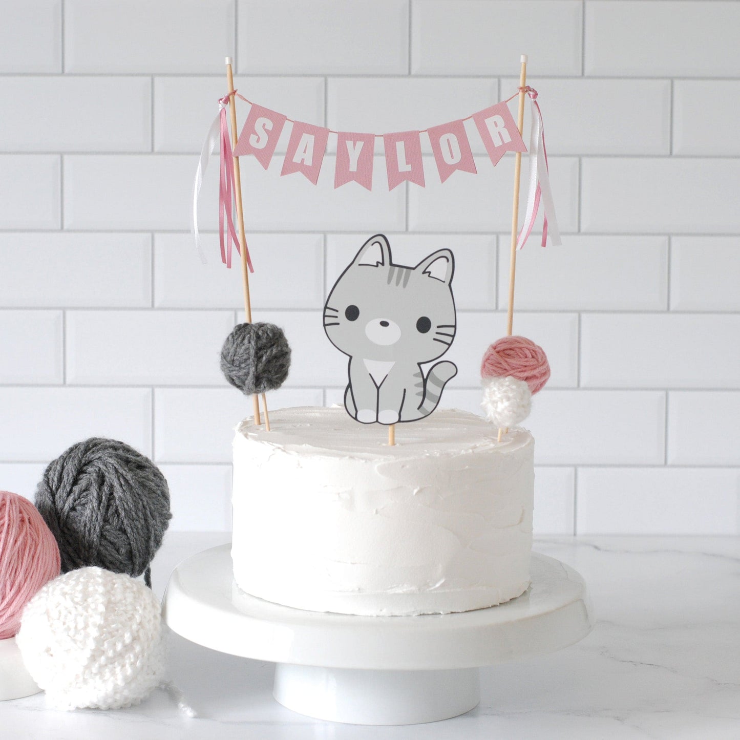 Cat birthday cake topper with name banner and yarn balls for kids birthday | personalized cake toppers by Avalon Sunshine