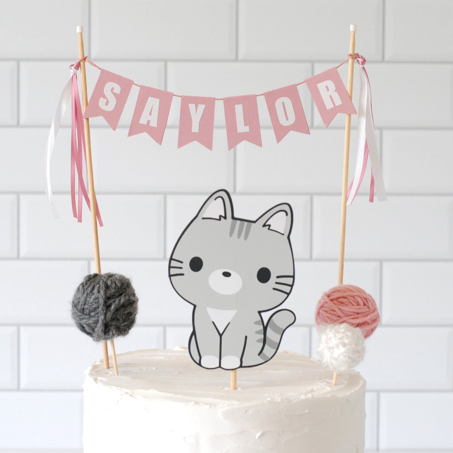 Cat birthday cake topper with name banner and yarn balls for kids birthday | personalized cake toppers by Avalon Sunshine