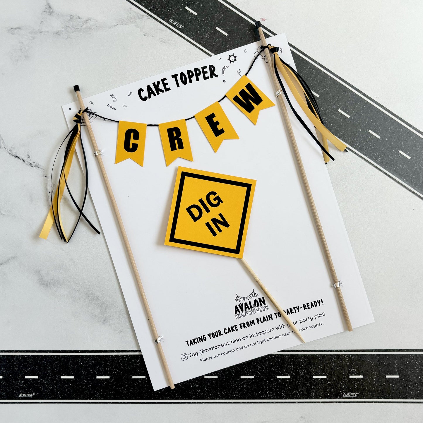 Construction theme birthday cake topper with name banner in yellow and black and a sign under it with wording "DIG IN" | personalized cake toppers by Avalon Sunshine