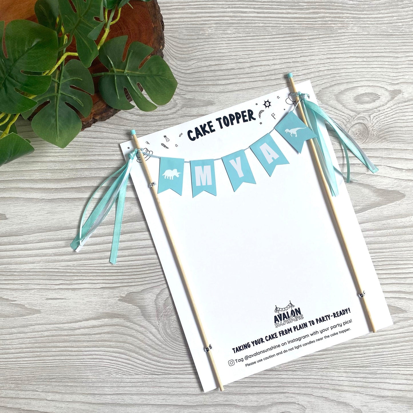 dinosaur birthday cake topper in light aqua and white | personalized cake toppers by Avalon Sunshine