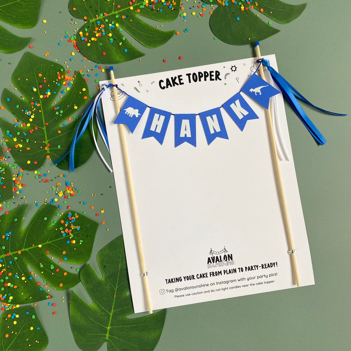 Royal Blue Dinosaur theme birthday cake topper with name | personalized cake toppers by Avalon Sunshine