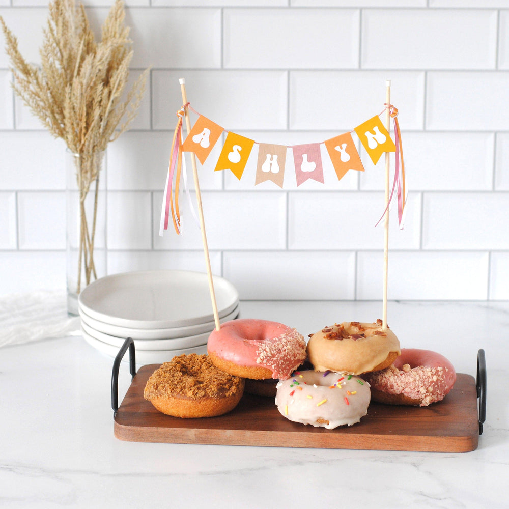 
                  
                    Donuts on a small board with Name Cake Topper for birthday celebration | cake topper by Avalon Sunshine
                  
                