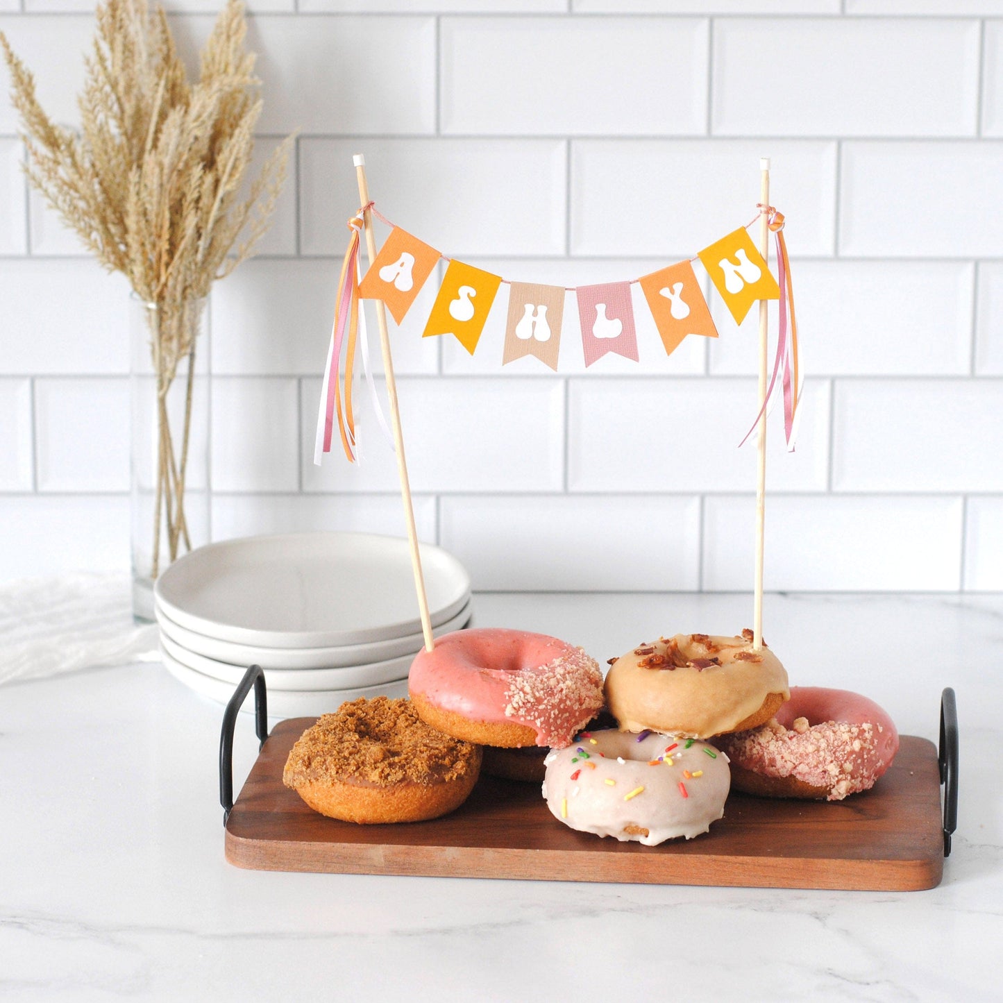 Donuts on a small board with Name Cake Topper for birthday celebration | cake topper by Avalon Sunshine