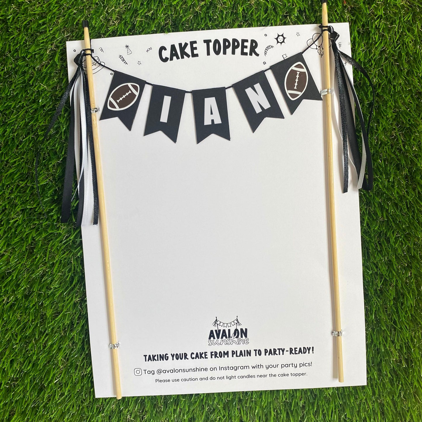 black and white football theme birthday cake topper with name | personalized cake toppers by Avalon Sunshine