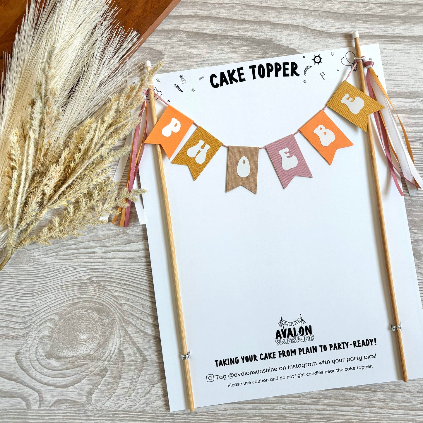 Birthday Cake  topper with name personalized on a banner in earthy tone colors and letters in a bubbly retro-style font | personalized cake toppers by Avalon Sunshine