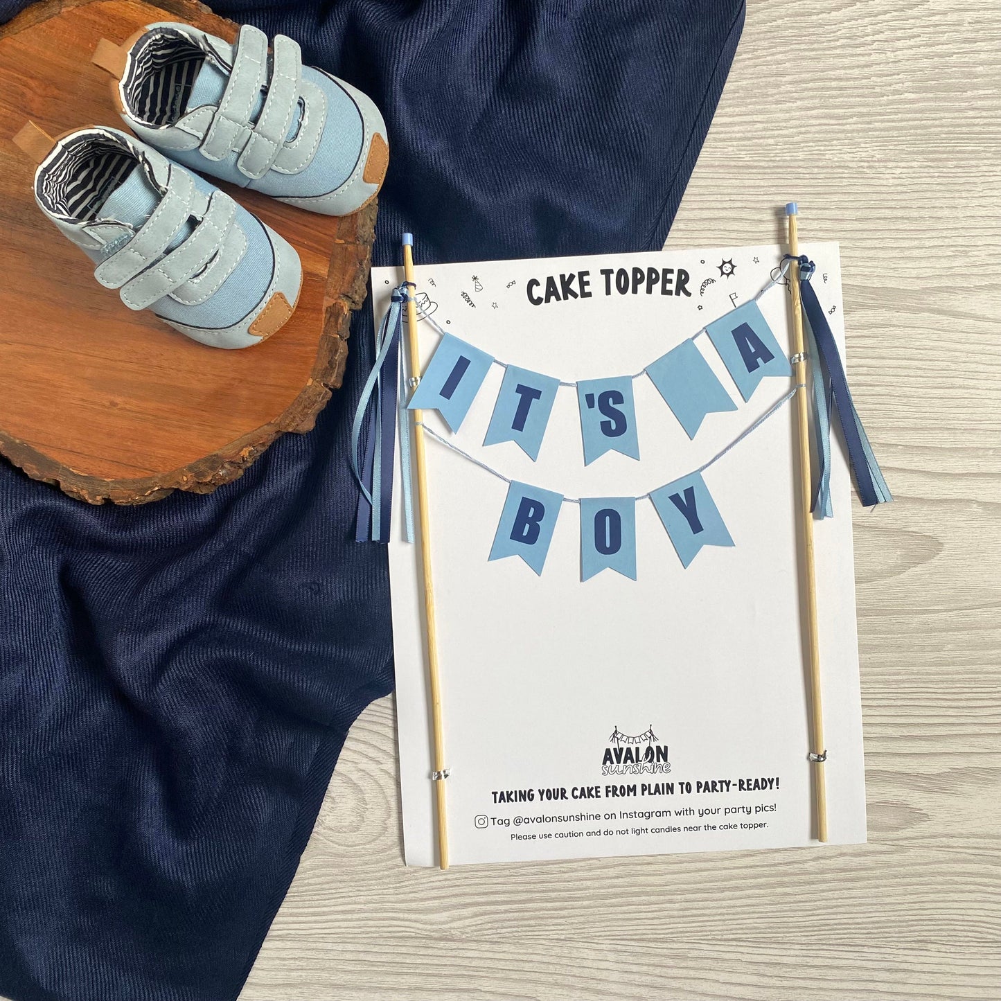 it's a boy baby shower cake topper light blue with navy blue letters | personalized cake toppers by Avalon Sunshine