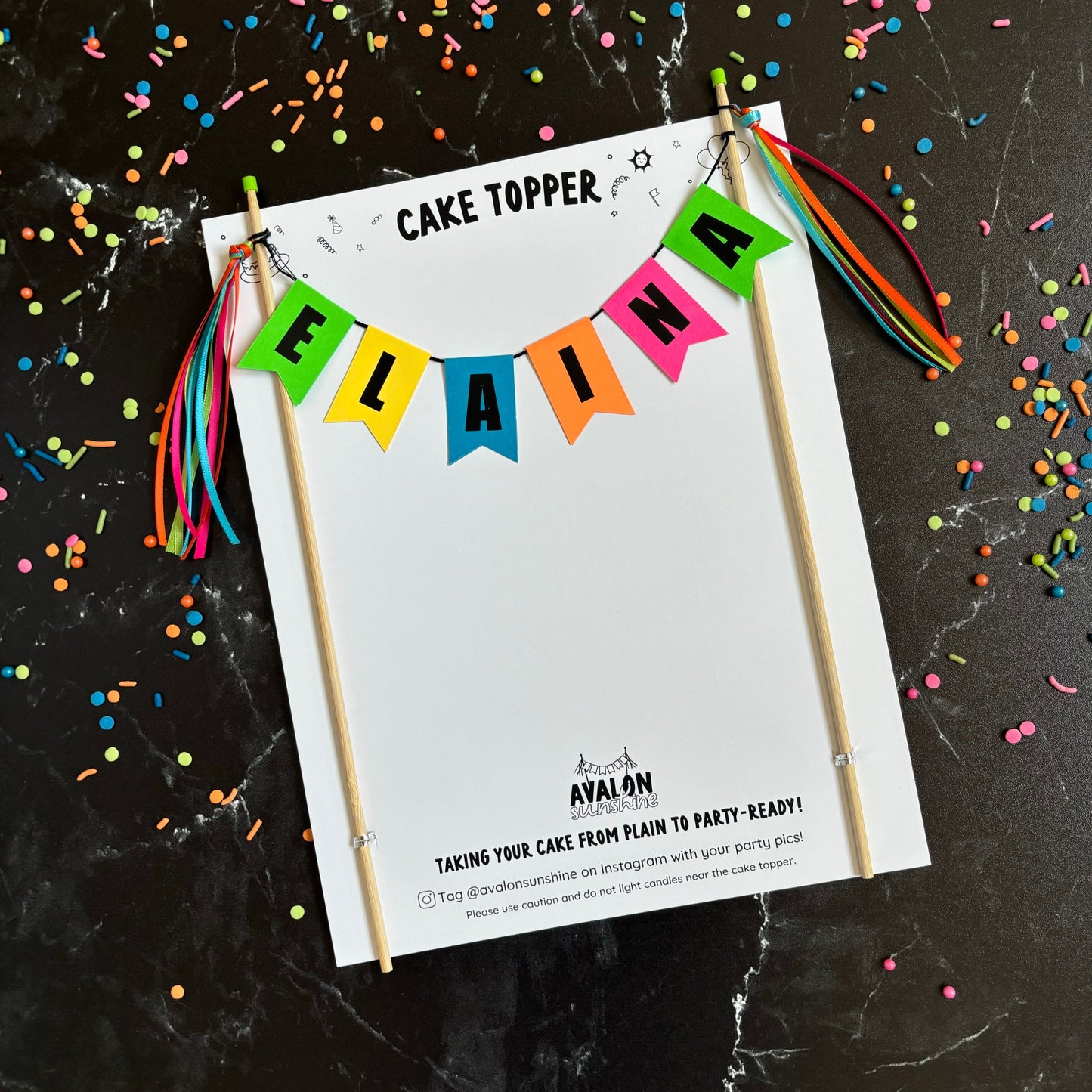 Neon colors cake topper with name banner for kid's birthday cake | personalized cake toppers by Avalon Sunshine