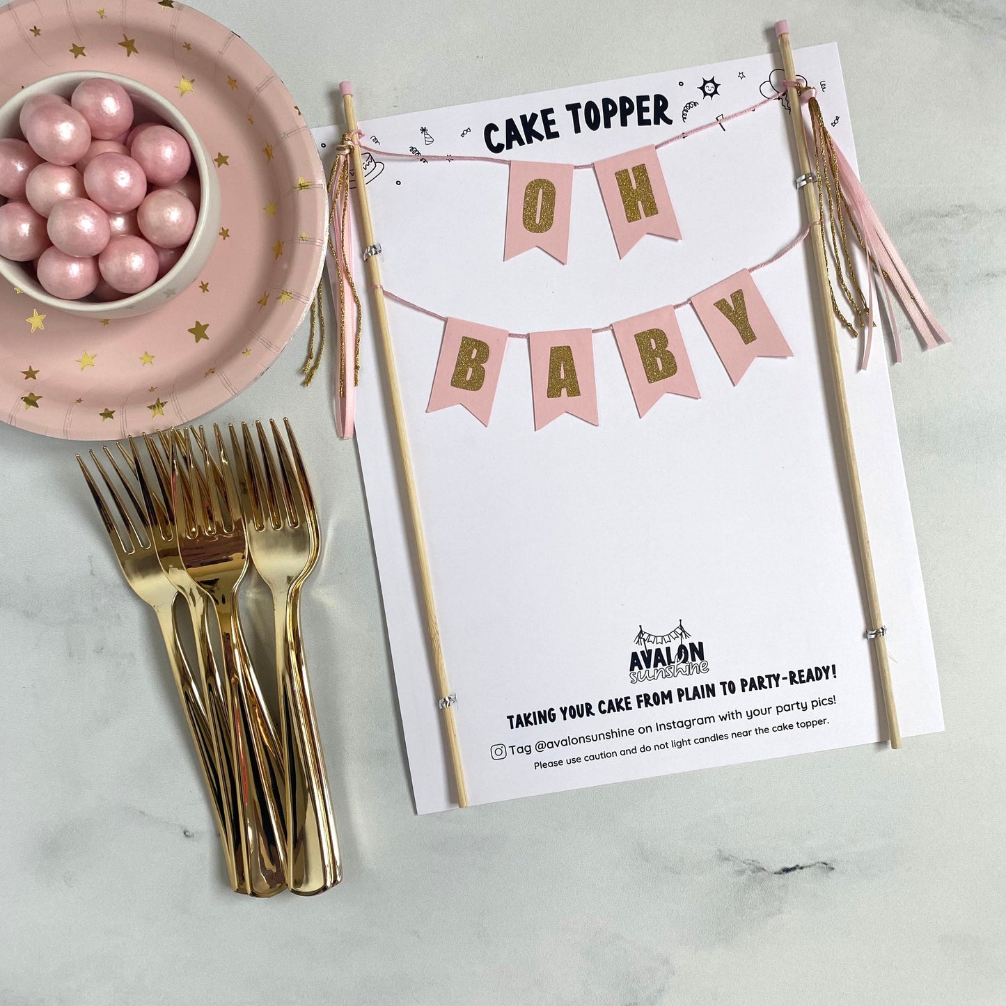 oh baby theme cake topper for baby shower pink with gold letters | cake toppers by Avalon Sunshine