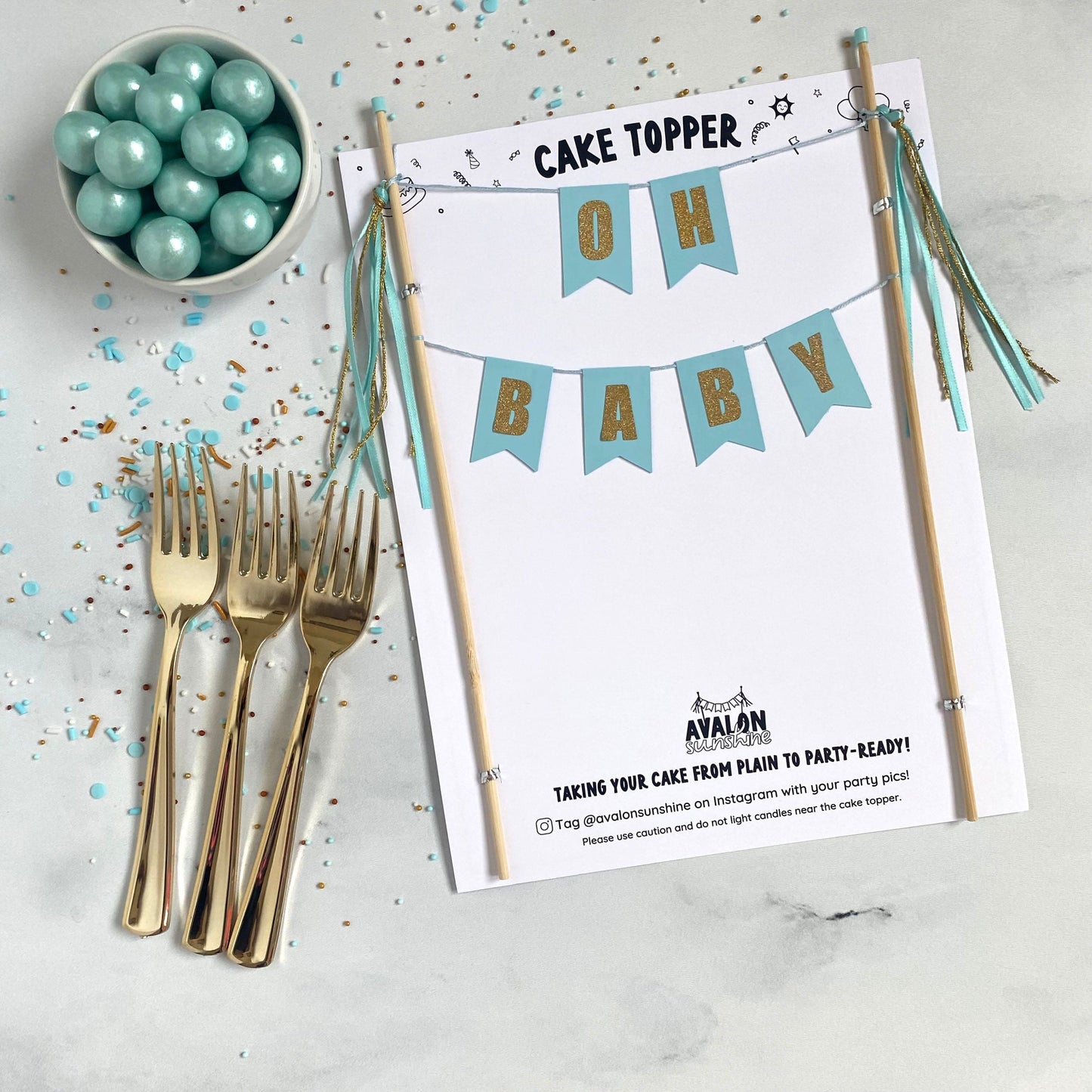 OH BABY theme baby shower cake topper in light aqua and gold | cake toppers by Avalon Sunshine