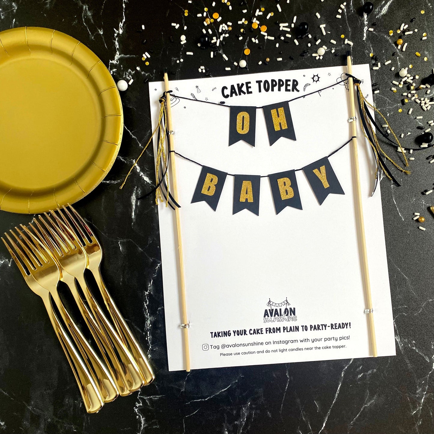 OH BABY theme baby shower cake topper in black and gold | cake toppers by Avalon Sunshine