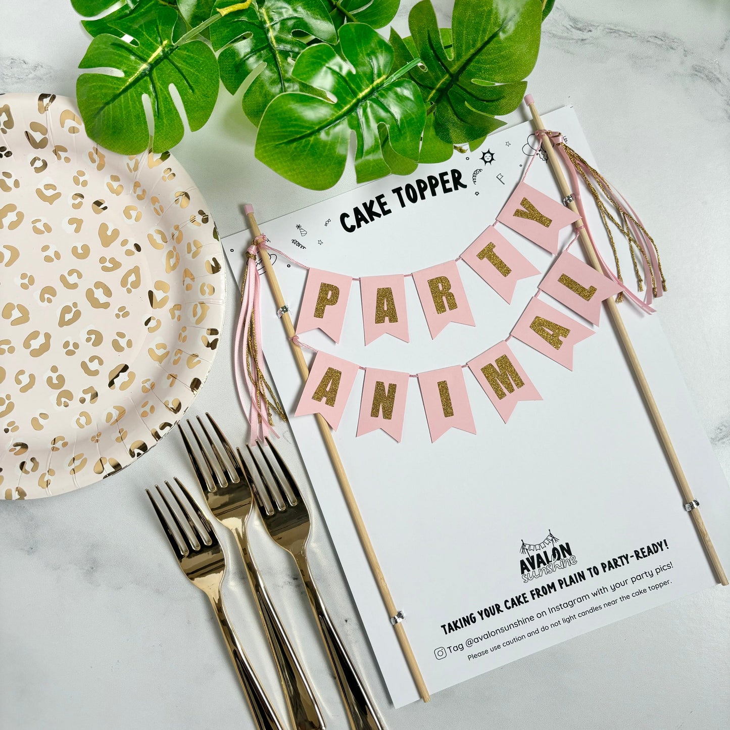 party animal cake topper for birthday cake pastel pink with gold glitter letters