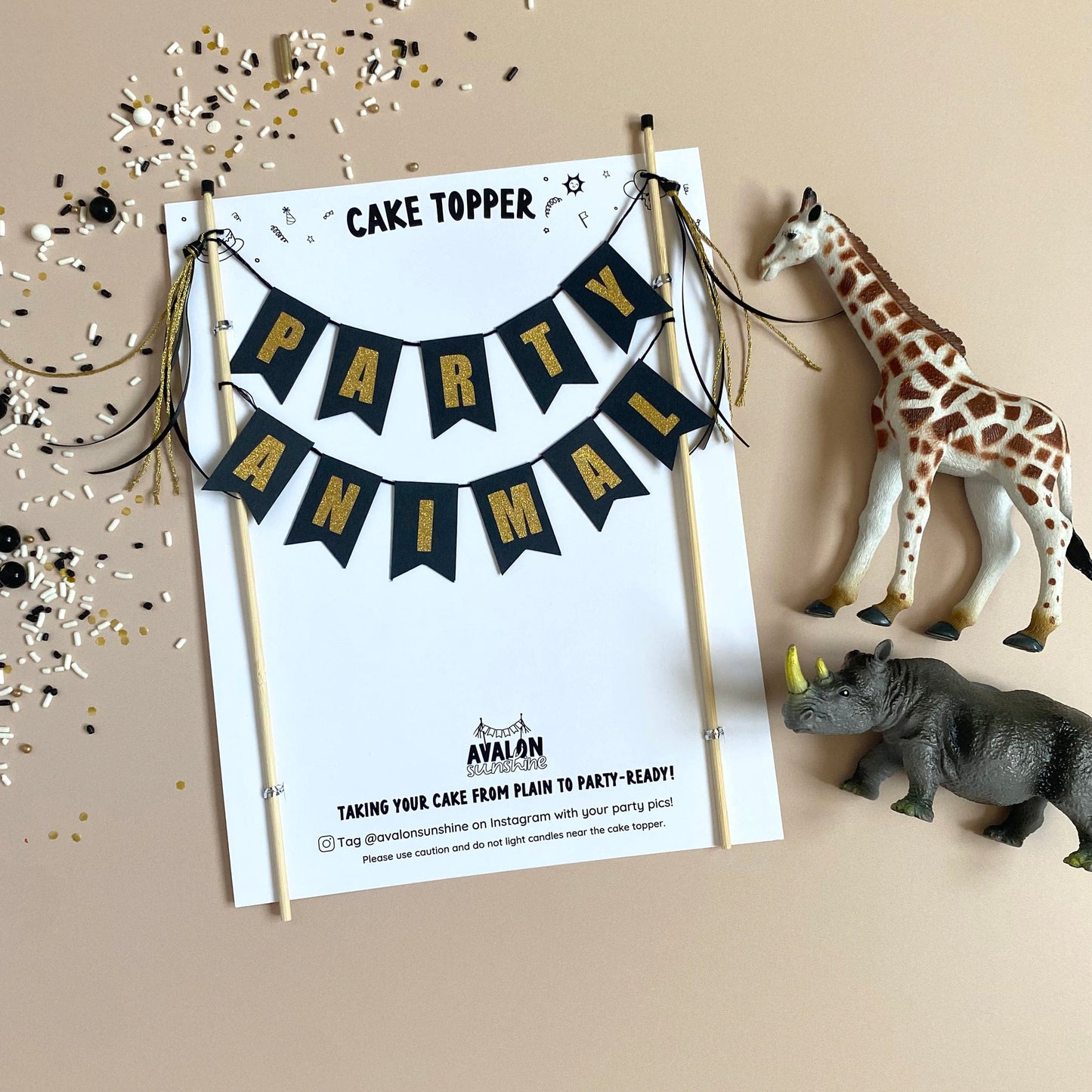 Black and Gold PARTY ANIMAL cake topper banner for birthday cake | cake toppers by Avalon Sunshine