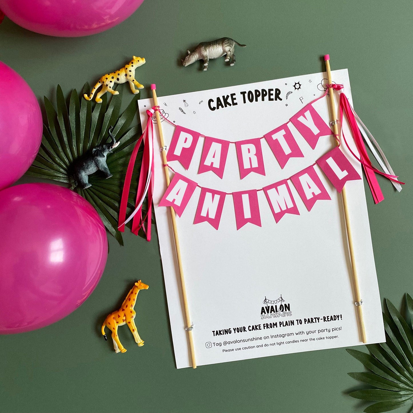 bright pink PARTY ANIMAL cake topper for birthday cake | personalized cake toppers by Avalon Sunshine
