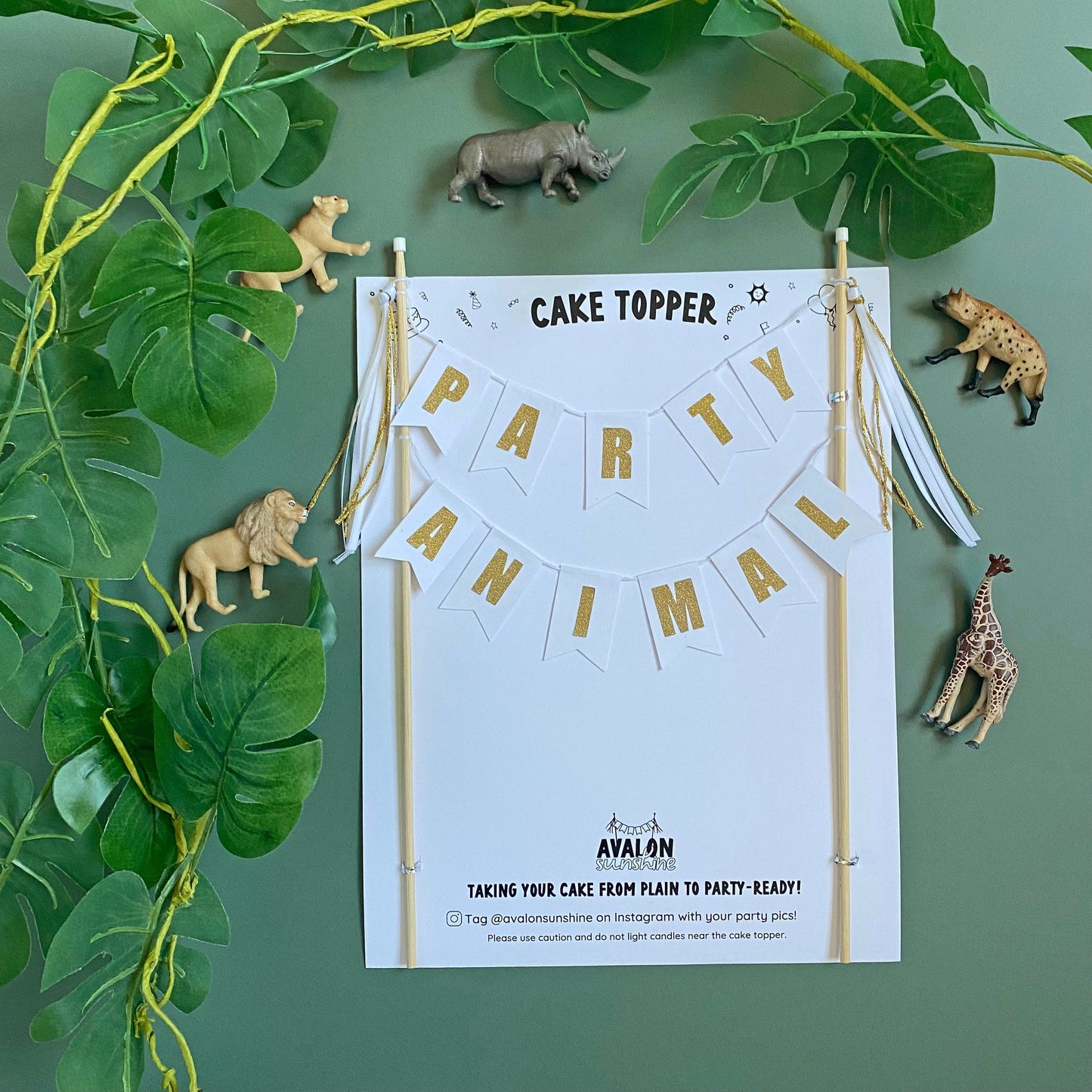 White and Gold PARTY ANIMAL theme birthday cake topper with toy animals | personalized cake toppers by Avalon Sunshine