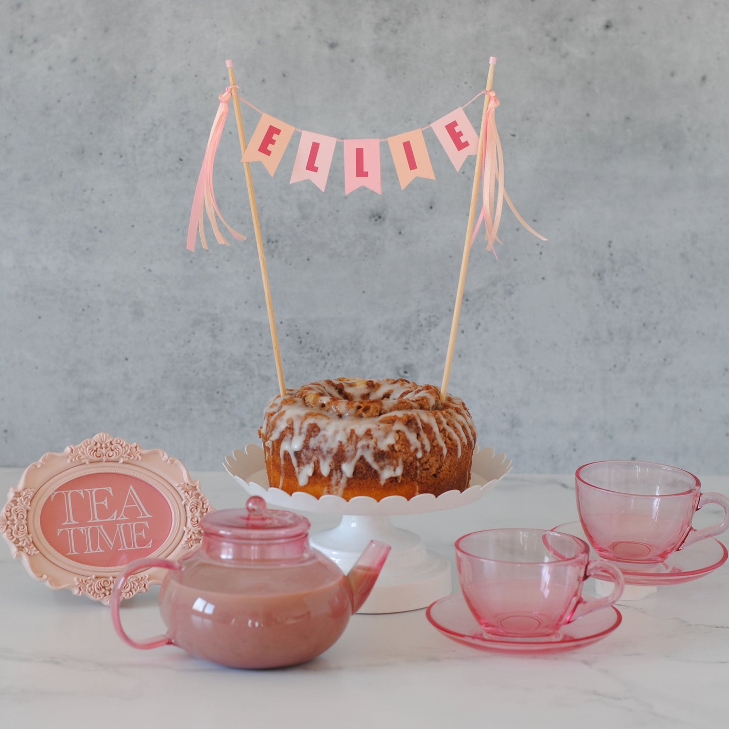 Tea party birthday cake with personalized cake topper | cake toppers by Avalon Sunshine