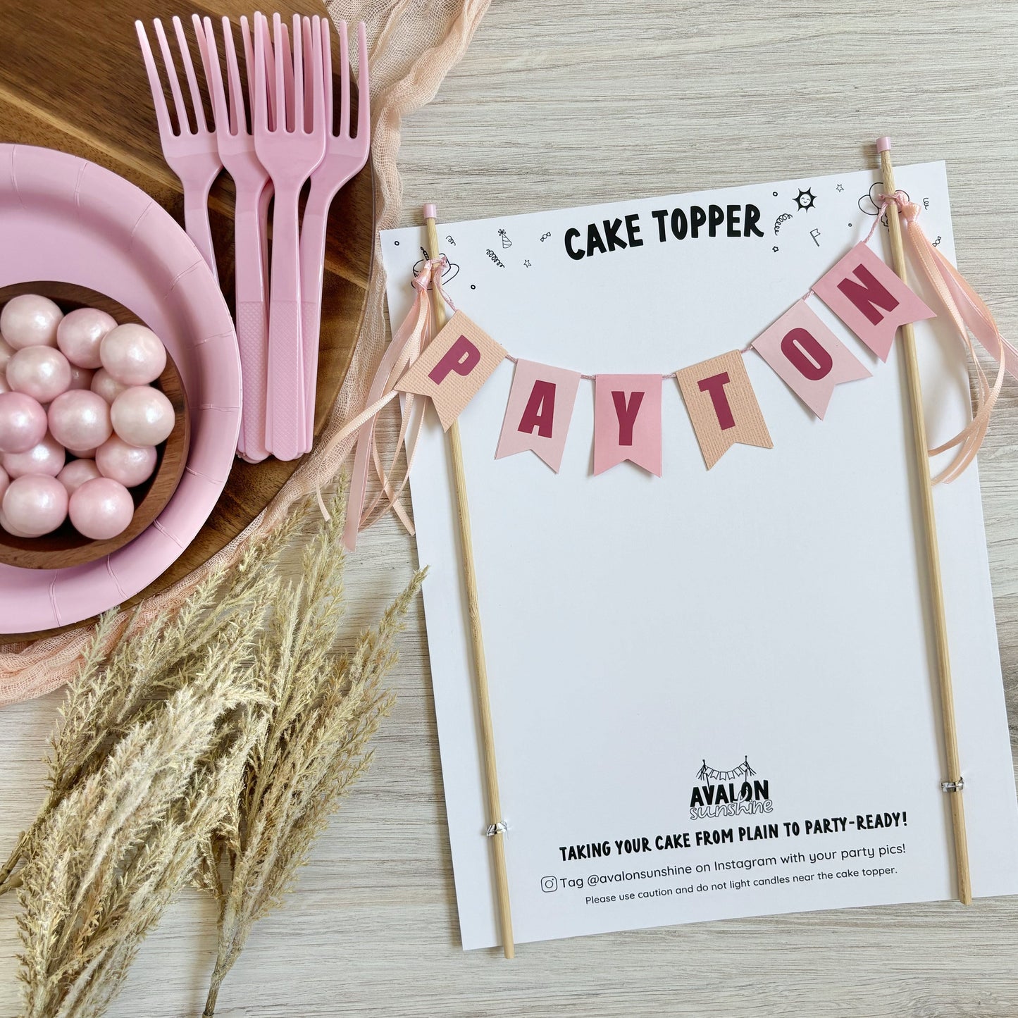 Personalized name cake banner for girls birthday cake in shades of light pink and peach | personalized cake toppers by Avalon Sunshine