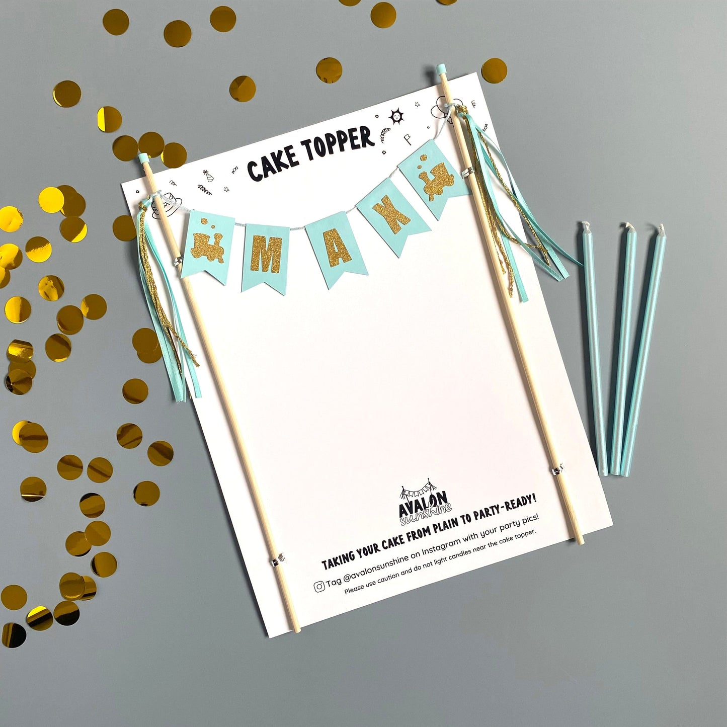 train theme birthday cake topper in aqua and gold | personalized cake toppers by Avalon Sunshine