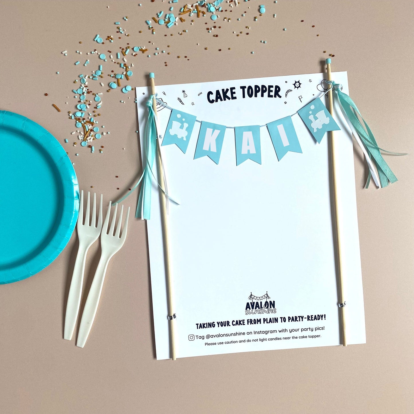 train theme birthday cake topper in light aqua and white | personalized cake toppers by Avalon Sunshine
