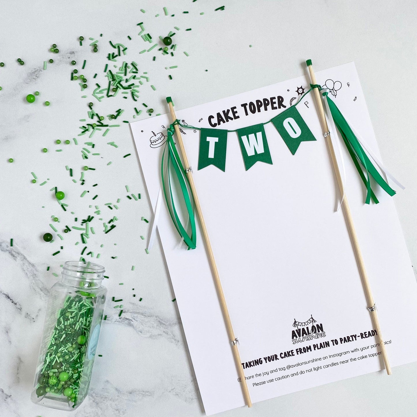 Green and white TWO cake topper for 2nd birthday with ribbon tassels | cake topper by Avalon Sunshine