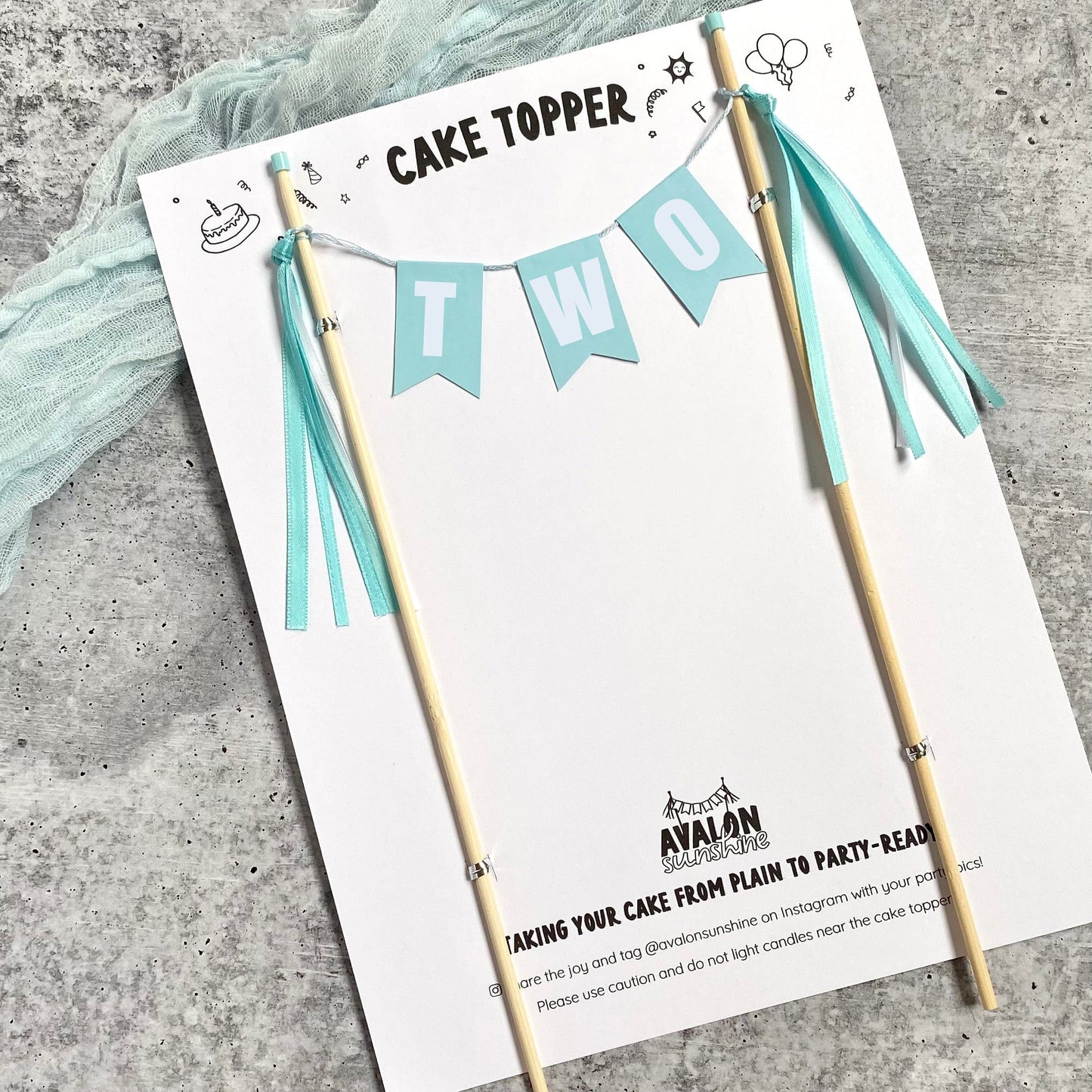 TWO cake topper for 2nd birthday cake light aqua paper flags with ribbon tassels | personalized cake topper by Avalon Sunshine