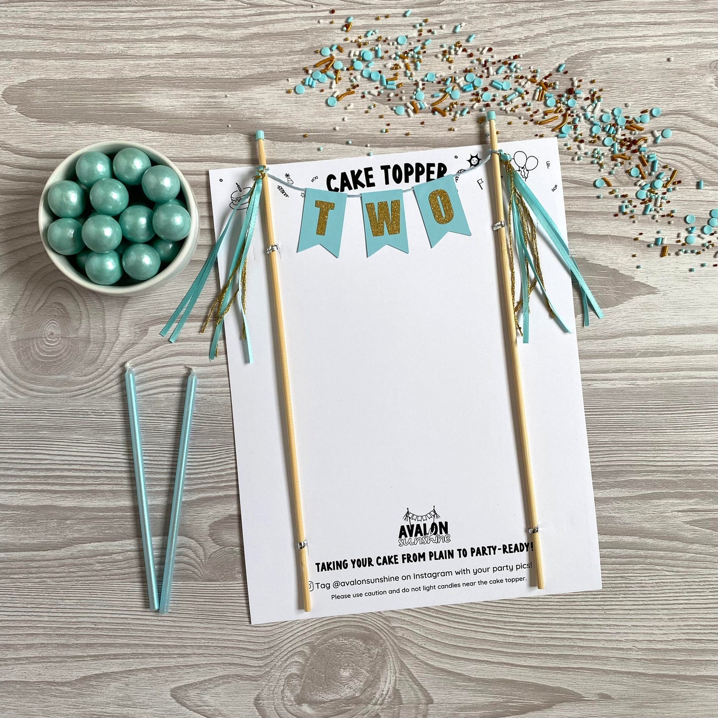 Aqua and Gold TWO cake topper for 2nd birthday | cake toppers by Avalon Sunshine