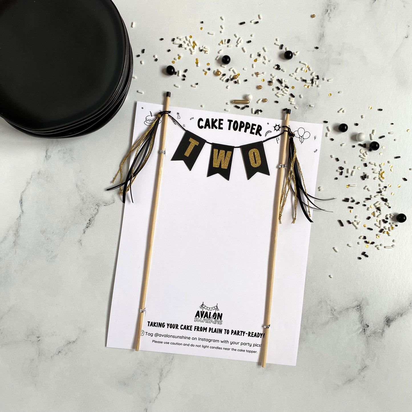 Black and Gold TWO cake topper for 2nd birthday cake | cake toppers by Avalon Sunshine