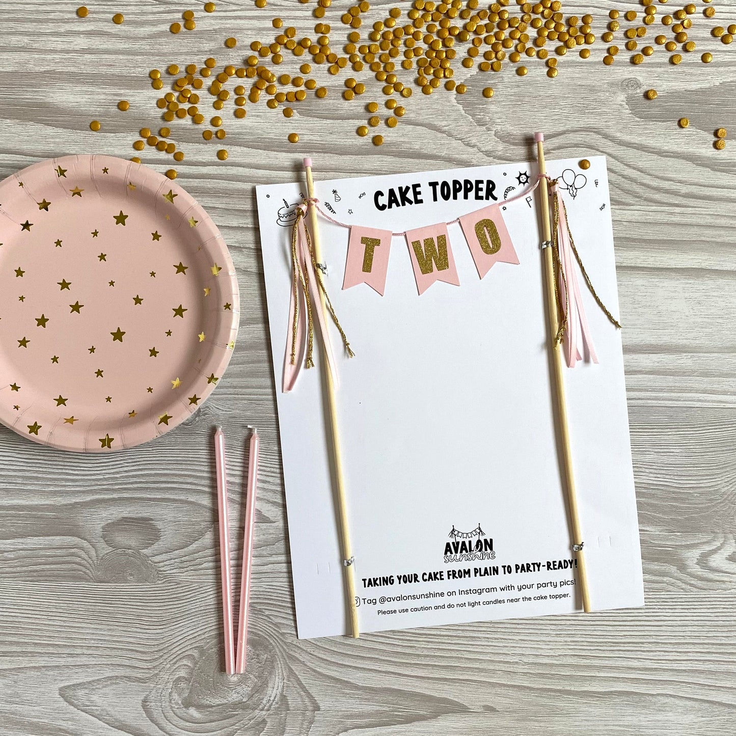 Pink and Gold TWO cake topper for girl's 2nd birthday | cake toppers by Avalon Sunshine