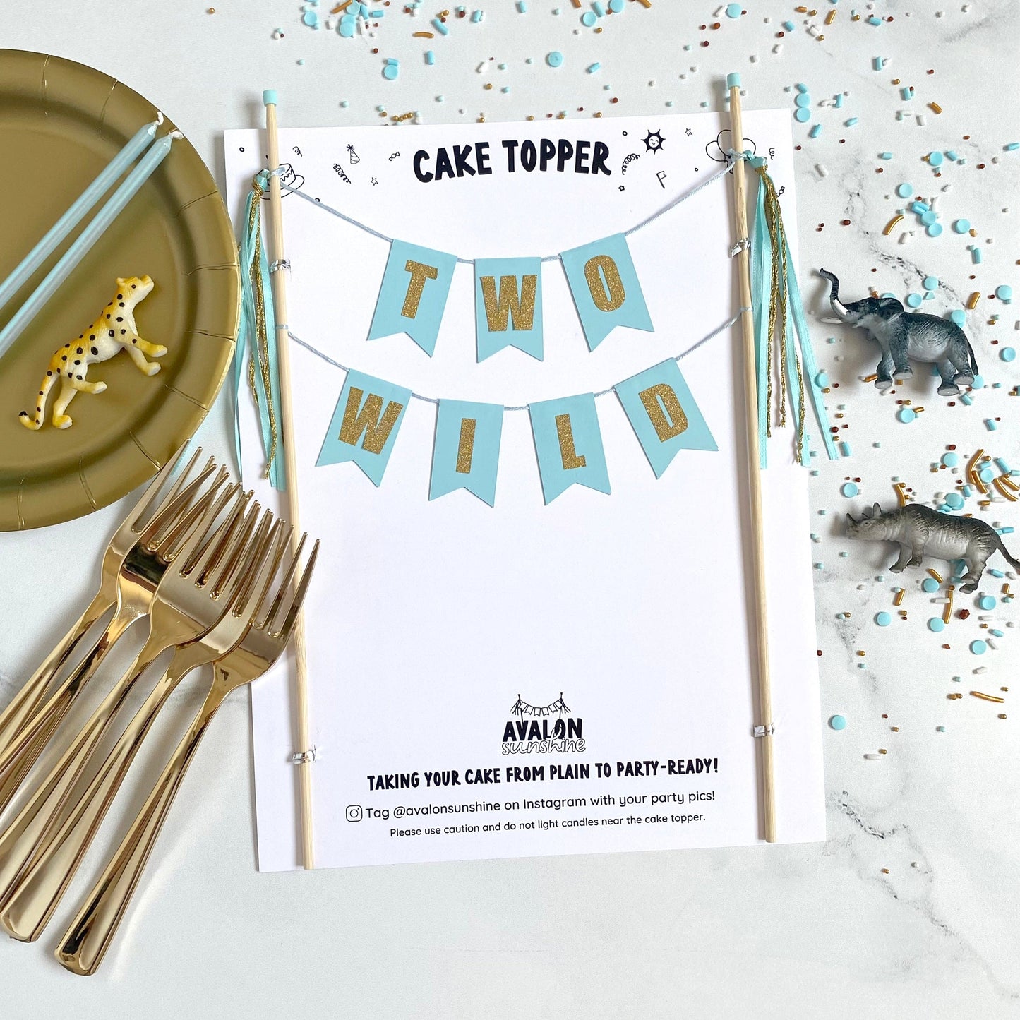 Aqua ad gold TWO WILD theme birthday cake topper for 2nd birthday | personalized cake toppers by Avalon Sunshine