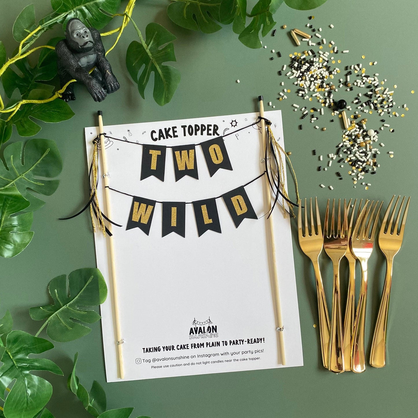 black and gold TWO WILD theme birthday cake topper for 2nd birthday | personalized cake toppers by Avalon Sunshine