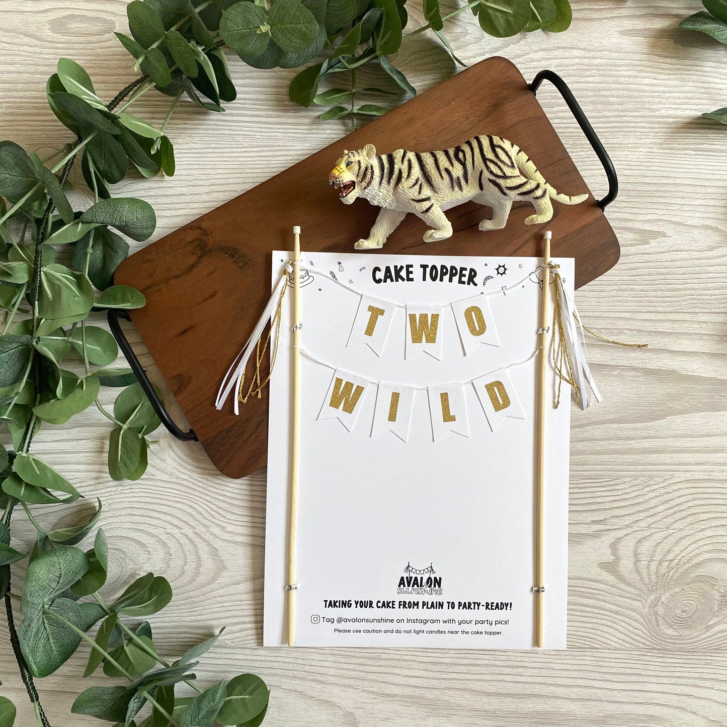white and gold TWO WILD theme birthday cake topper for 2nd birthday | personalized cake toppers by Avalon Sunshine