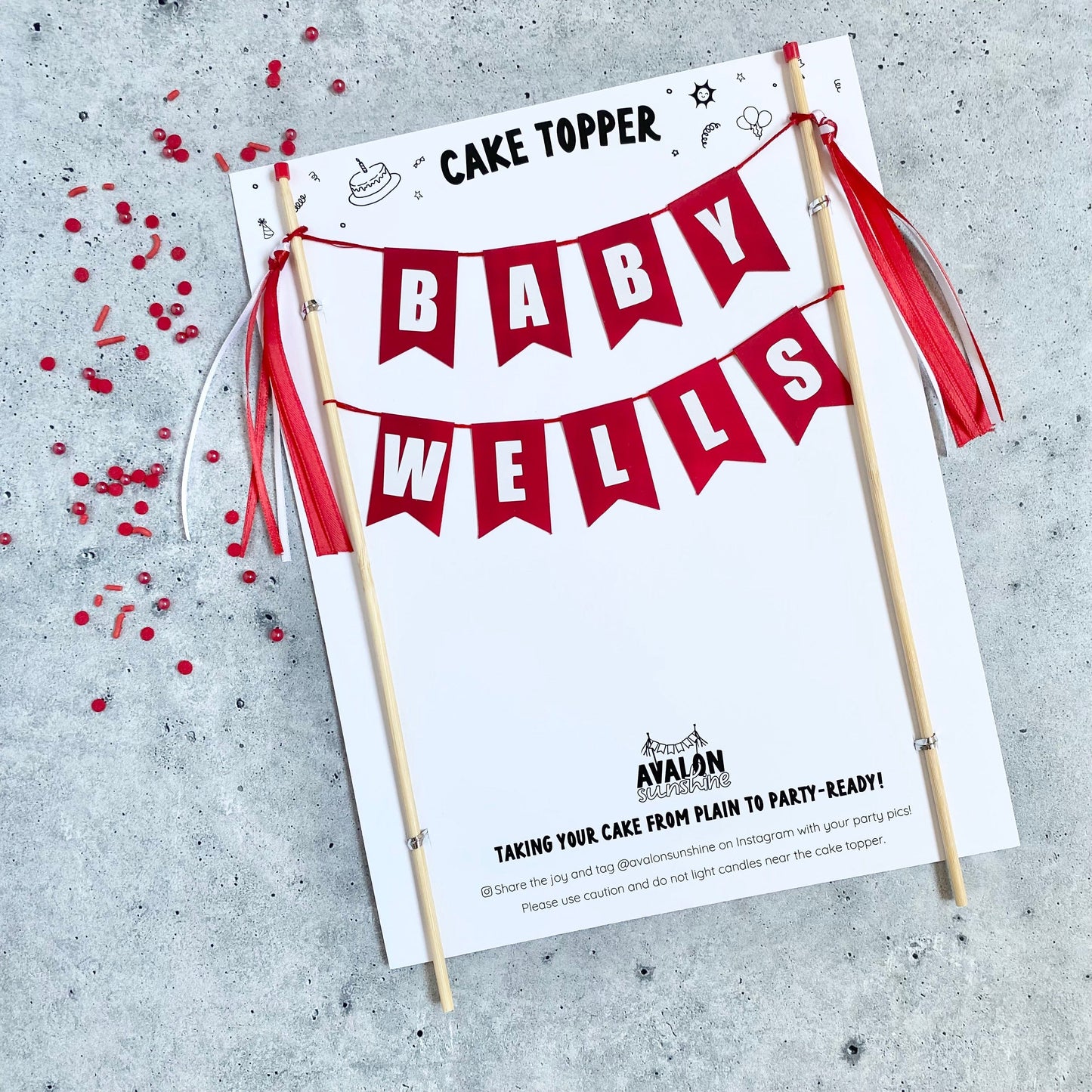 red baby shower cake topper personalized with baby name