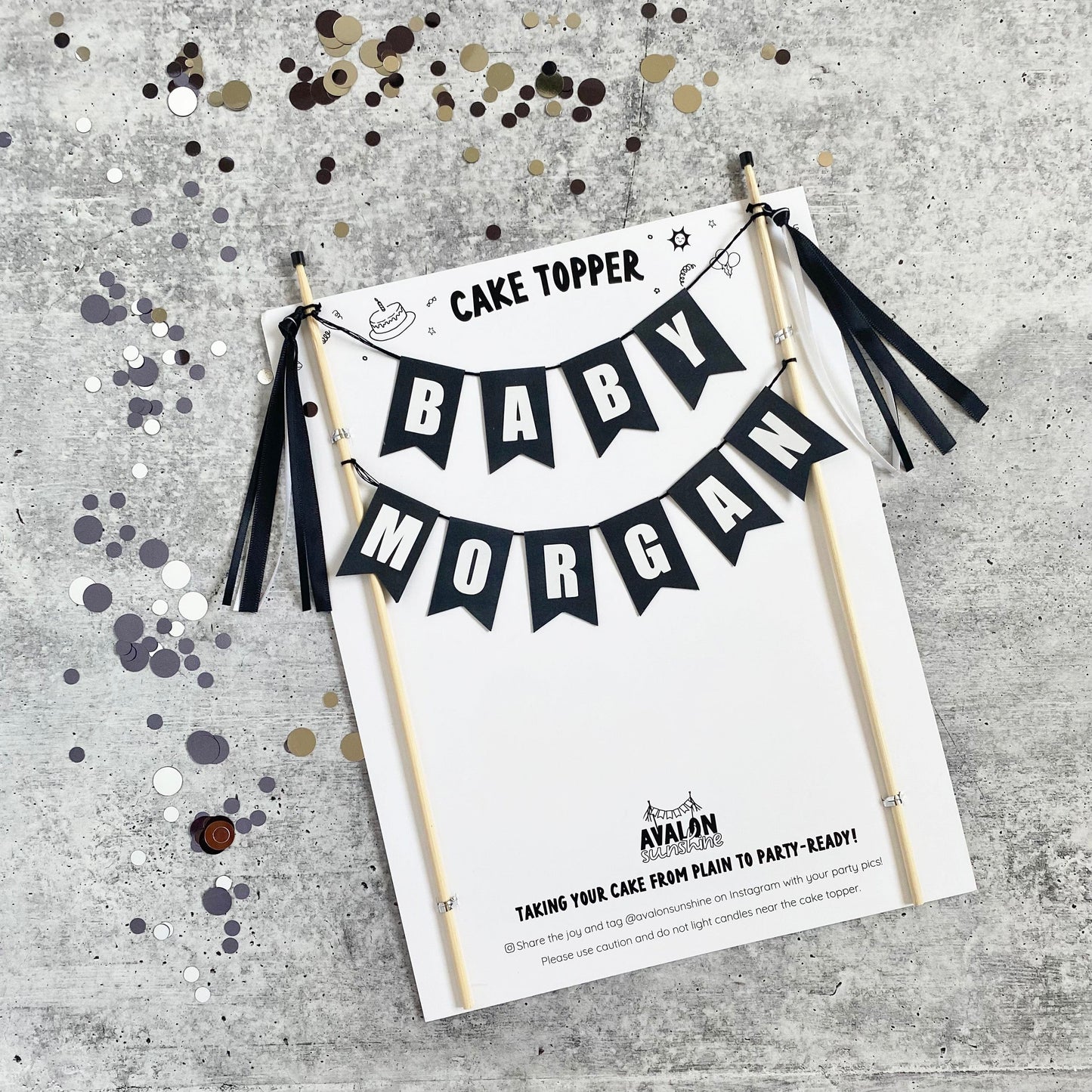 black and white personalized baby shower cake topper